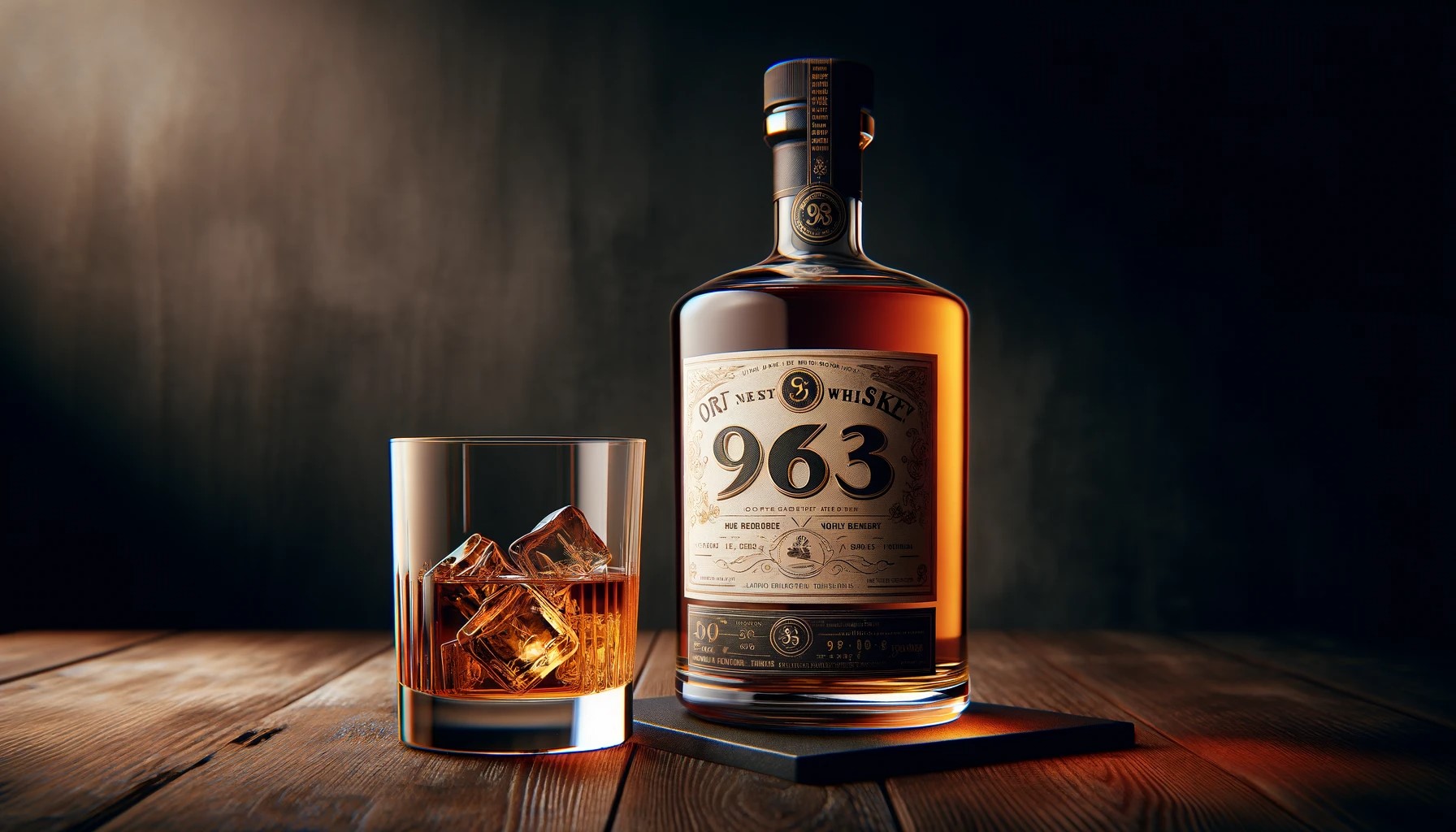 963とラベルに書かれたウイスキーとウイスキーが注がれたグラス