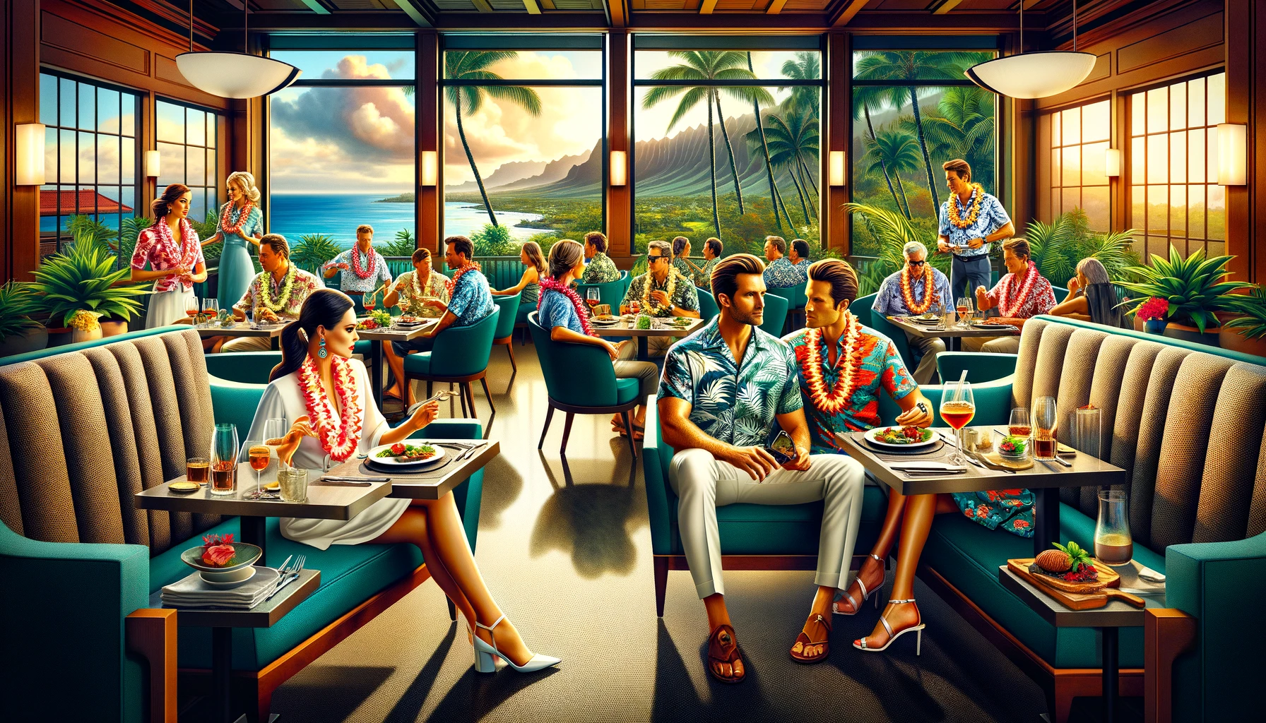 A vibrant and sophisticated dining scene at Wolfgang's Steakhouse in Hawaii, capturing the essence of smart casual dress code with a tropical touch. The image includes diners enjoying their meal, with men in stylish aloha shirts paired with slacks and women in elegant summer dresses or chic resort wear. The backdrop showcases a luxurious restaurant interior with tropical plants and large windows that offer a view of the Hawaiian landscape, embodying the relaxed yet upscale dining experience in Hawaii.