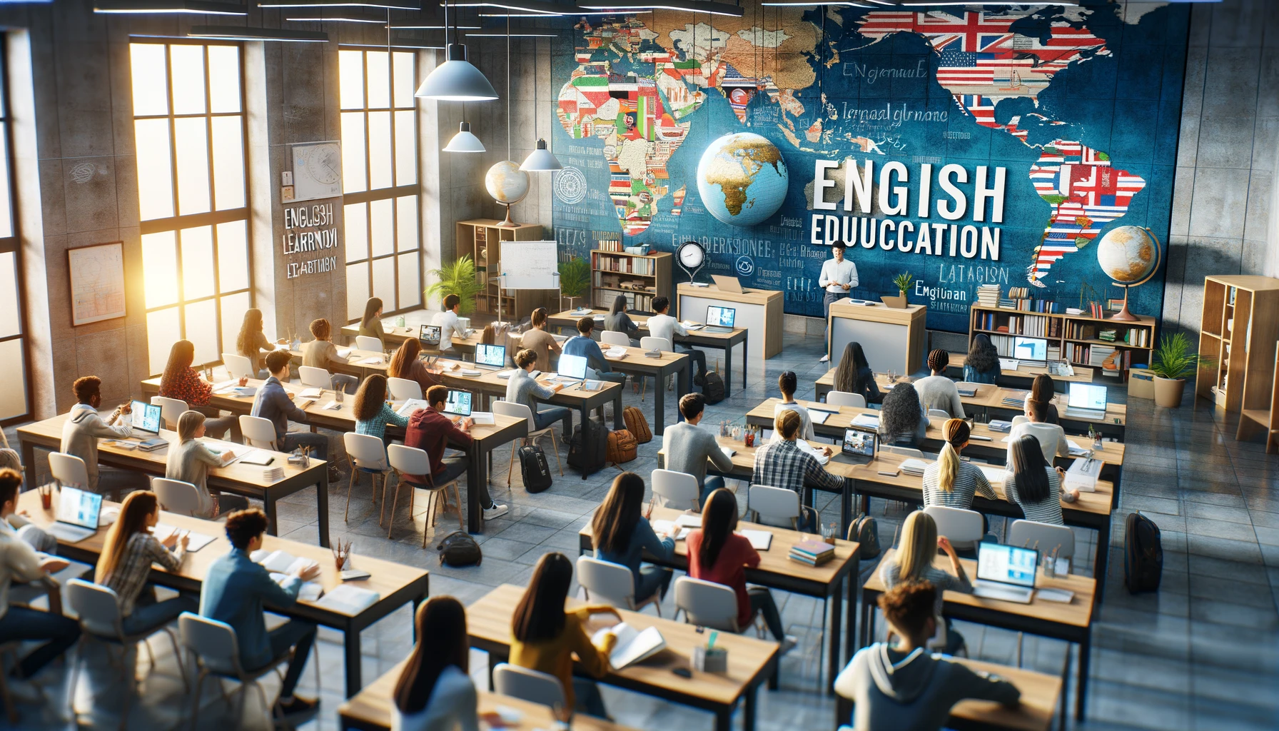 A modern and inspiring educational setting depicting a university department focused on English education and global perspectives. The image shows a diverse classroom with students of various ethnicities engaged in an interactive learning environment. The classroom is equipped with high-tech tools, such as digital whiteboards and tablets, facilitating a language learning session. Students are actively participating, some speaking or presenting in front of the class, others working in small groups. Maps, globes, and international flags decorate the space, emphasizing a global outlook and multicultural education.