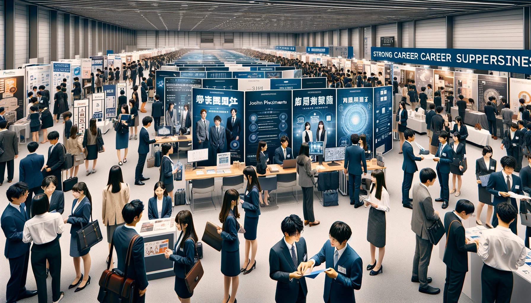 A professional and engaging scene at Musashi University in Japan, highlighting its strong career support services. The image depicts a career fair event on campus, with various corporate booths manned by representatives in business attire, and students in smart casual or business attire interacting with them. There are banners and displays about internship opportunities and job placements prominently featured. Students are seen engaging in discussions, handing out resumes, and networking. The setting is modern and well-organized, emphasizing the university's commitment to student career success and strong industry connections.