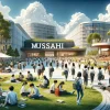 A bustling campus scene at Musashi University in Japan, illustrating its popularity with the word 'Musashi' prominently displayed in English. The image features a diverse group of students of various Asian descents, interacting in a vibrant, modern university setting. Students are seen walking, studying, and engaging in discussions across a beautifully landscaped campus with contemporary architecture and green spaces. Some students are relaxing on the grass, others are using laptops and books under the shade of trees. The environment is lively and intellectually stimulating, showcasing a thriving academic community with 'Musashi' visibly included in the scene.
