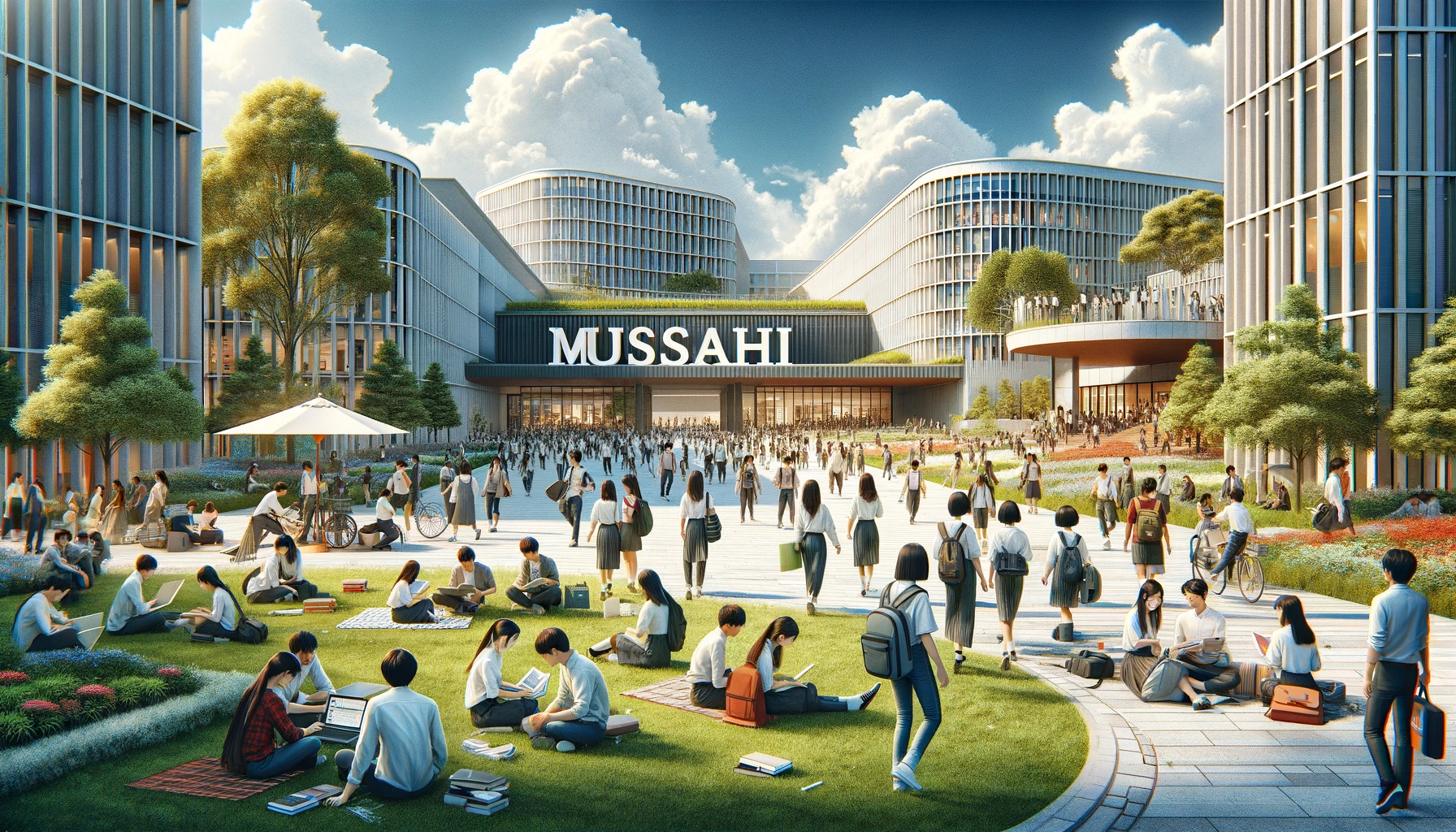 A bustling campus scene at Musashi University in Japan, illustrating its popularity with the word 'Musashi' prominently displayed in English. The image features a diverse group of students of various Asian descents, interacting in a vibrant, modern university setting. Students are seen walking, studying, and engaging in discussions across a beautifully landscaped campus with contemporary architecture and green spaces. Some students are relaxing on the grass, others are using laptops and books under the shade of trees. The environment is lively and intellectually stimulating, showcasing a thriving academic community with 'Musashi' visibly included in the scene.
