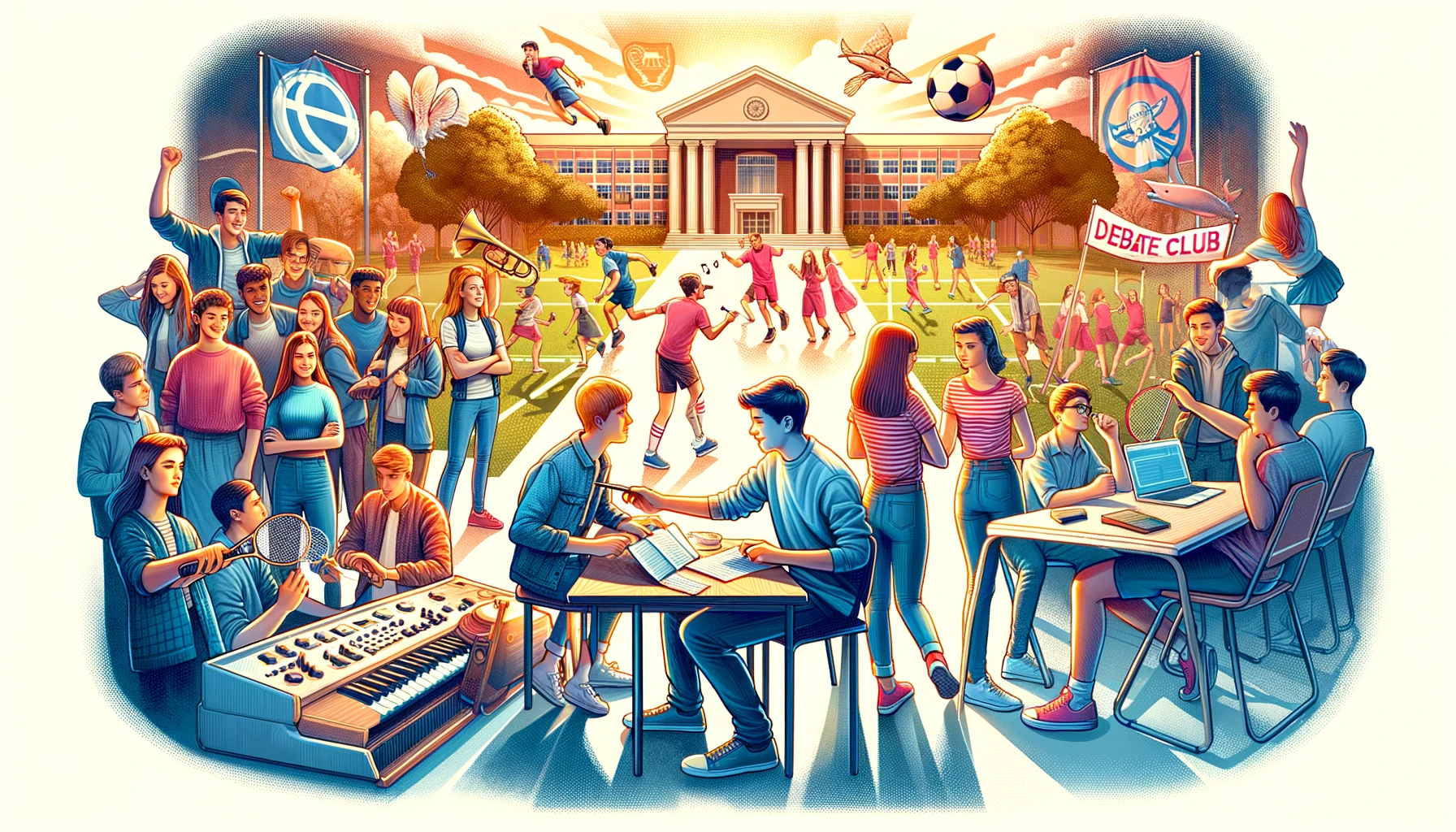 An energetic and vibrant scene of university life focused on club activities and student engagement. The image showcases a dynamic campus environment where diverse groups of students are involved in various clubs. There are students practicing musical instruments, others participating in a dance rehearsal, and some engaged in a debate club meeting. Outdoor scenes include students in sports gear playing soccer and tennis. The background features the university's lush campus with students walking and chatting, highlighting a lively, active student life that promotes personal growth and teamwork.