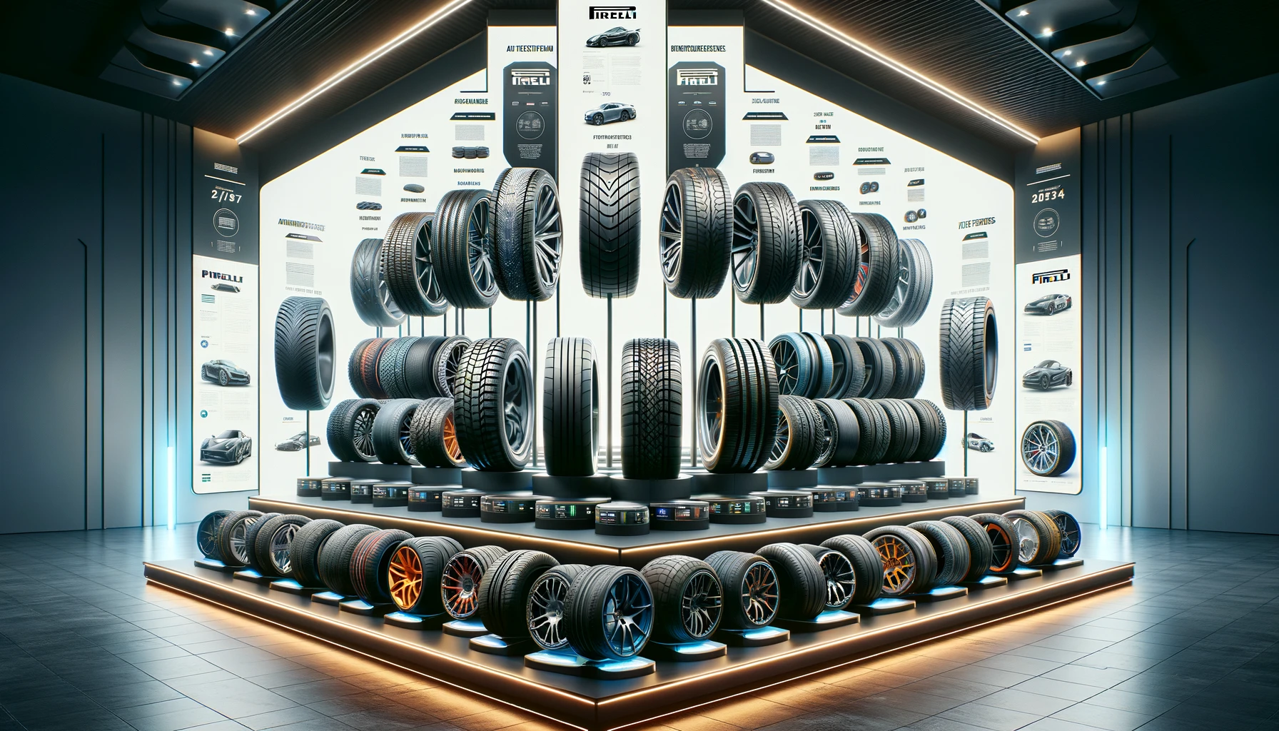 A visually engaging display of Pirelli's diverse tire product lineup. The image features a range of Pirelli tires arranged in a sleek, modern showroom setting. Each tire type, from high-performance sports tires to rugged winter tires and eco-friendly options, is prominently displayed on stylish stands with informational tags describing their unique features and applications. The background is elegant and futuristic, enhancing the advanced technology and variety of Pirelli's offerings. The scene conveys the broad and specialized range of Pirelli tires, catering to different driving needs and conditions. The image is in a 16:9 aspect ratio.