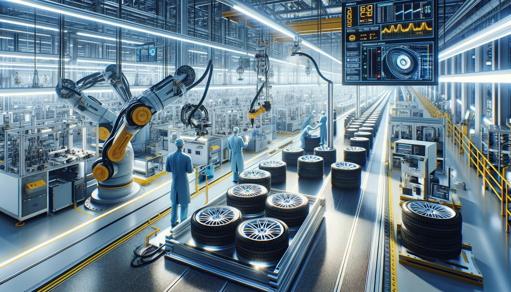 An image depicting the high-quality manufacturing standards of Pirelli tires. Inside a modern, clean, and highly organized Pirelli tire factory, skilled workers are meticulously inspecting and assembling tires. The environment is technologically advanced, with robotic arms and digital displays indicating precision measurements and quality control processes. The lighting is bright, emphasizing the cleanliness and precision of the workspace. The image conveys the commitment of Pirelli to excellence and high standards in tire production. The image is in a 16:9 aspect ratio.