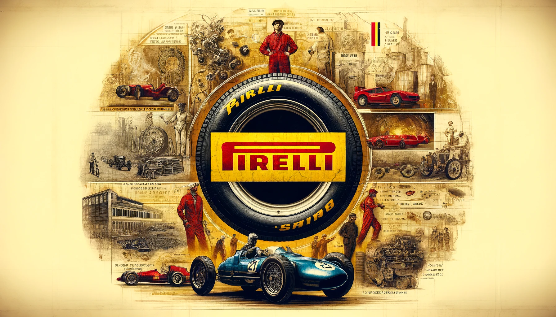 An artistic depiction of the Pirelli logo combined with visual elements illustrating the history of Pirelli. The image features the distinctive Pirelli logo at the center, surrounded by historical milestones such as vintage advertisements, classic racing cars equipped with Pirelli tires, and iconic moments in motorsport history where Pirelli tires were used. The background includes faded images of old tire manufacturing processes and key figures in the company’s development. This image celebrates the long-standing heritage and impact of Pirelli in the tire industry. The image is in a 16:9 aspect ratio.