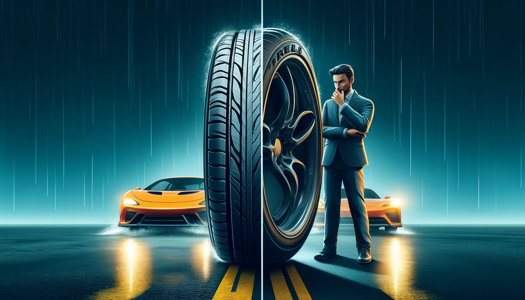 A conceptual split-image illustrating both the advantages and disadvantages of Pirelli tires. On the left side, a high-performance car equipped with Pirelli tires confidently maneuvers on a wet road, showcasing the tires' excellent grip and safety features. On the right side, a car owner looks concerned while examining a Pirelli tire, representing the high cost or wear issues. This side shows a close-up of the tire tread, possibly worn, indicating potential drawbacks such as higher replacement costs. The image reflects a balanced view of the pros and cons of using Pirelli tires. The image is in a 16:9 aspect ratio.