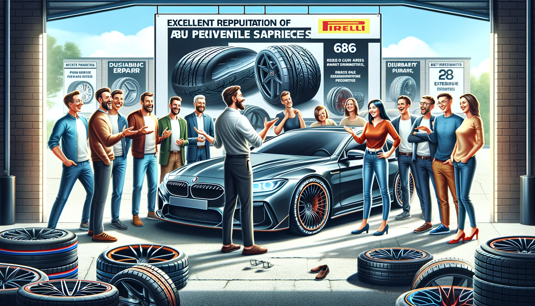An image illustrating the excellent reputation of Pirelli tires among users. The scene shows a group of diverse car owners gathered around a sleek, high-performance car fitted with Pirelli tires in a community setting. Each person is smiling and pointing at the tires, discussing their positive experiences. The environment is friendly and casual, with a sense of community and satisfaction among the car enthusiasts. The background includes banners praising the durability and performance of Pirelli tires. The image is in a 16:9 aspect ratio.