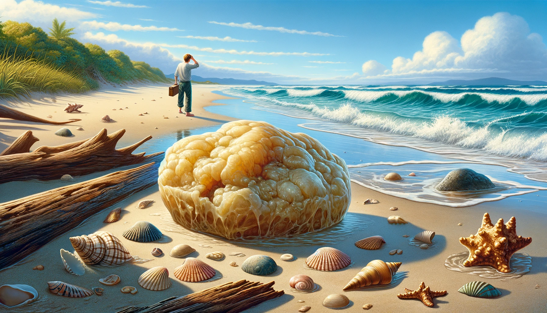 An image depicting the accidental discovery of ambergris on a beach. The scene captures a person, filled with surprise and curiosity, as they find a large, waxy piece of ambergris washed up on the sandy shore. The beach setting is picturesque, with the ocean waves gently crashing in the background and a clear blue sky overhead. The ambergris is shown as a peculiar, lump-like object, lying amidst seashells and driftwood, making it stand out as an unusual find. The overall atmosphere of the image conveys a sense of wonder and the unexpected treasure that the ocean can bring to those who explore its shores.
