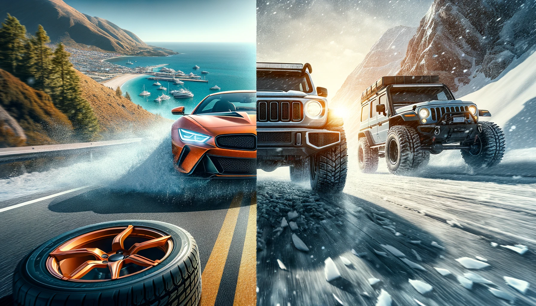 A dynamic split-image showcasing both Pirelli summer and studded winter tires. On the left, a sporty car equipped with Pirelli summer tires drives along a sunny coastal road, highlighting the tires' grip and performance in warm weather. On the right, a rugged vehicle with Pirelli studded winter tires navigates a snowy mountain pass, demonstrating the tires' reliability and traction in cold, icy conditions. The scene captures the versatility and excellence of Pirelli tires in different seasonal settings. The image is in a 16:9 aspect ratio.