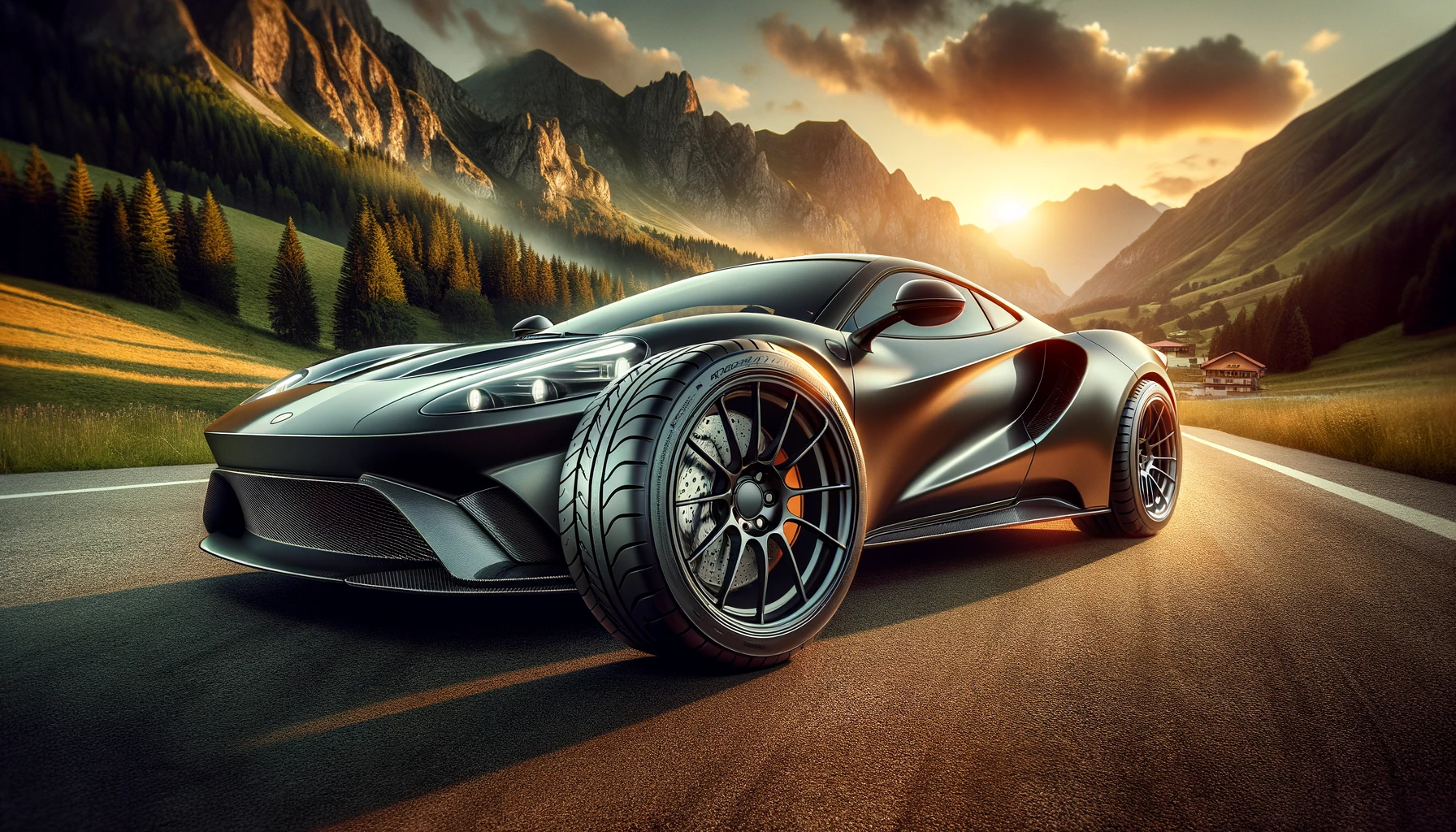 A sleek, modern car fitted with Pirelli tires is parked on a picturesque mountain road at sunset. The car is a high-performance sports model, showcasing the stylish and durable appearance of the tires. The scene emphasizes the quality and cost-effectiveness of Pirelli tires, highlighting the tires' prominent logo and tread pattern. The background features a scenic view with lush greenery and a stunning sunset sky, enhancing the overall luxurious and efficient image of the product. The image is in a 16:9 aspect ratio.