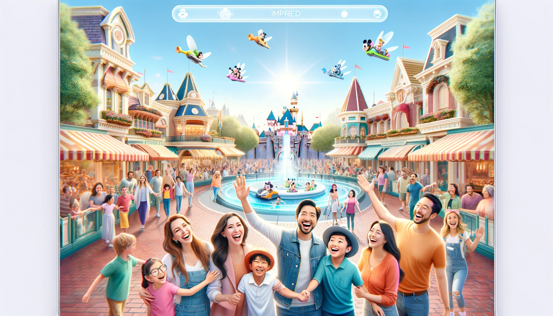 An uplifting scene at Disneyland showing improved guest experiences. The image features a happy, diverse group of visitors enjoying various park attractions with minimal wait times. There are families with children, couples, and friends, all smiling and interacting positively with cheerful staff. The park is spotlessly clean and beautifully decorated, emphasizing a sense of magic and wonder. Advanced technology is visible, with digital guides and interactive maps enhancing the guest experience. The overall atmosphere is joyful and vibrant under a sunny sky.