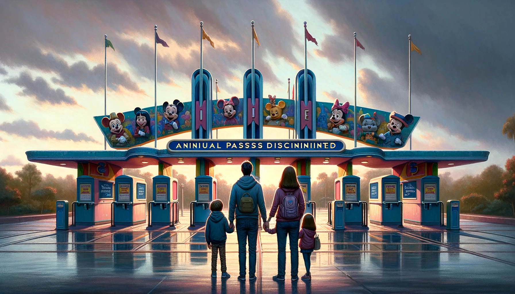 A poignant scene at a Disney theme park entrance, illustrating the discontinuation of annual passes. The image shows a large, colorful entrance gate adorned with Disney characters looking somber. A family of four (mom, dad, a boy, and a girl), all wearing Disney-themed attire, stands in front of the gate, looking disappointed. The sky is overcast, and there are several closed ticket booths with signs reading 'Annual Passes Discontinued'. Emphasize a mood of nostalgia and loss, with an empty park visible in the background.