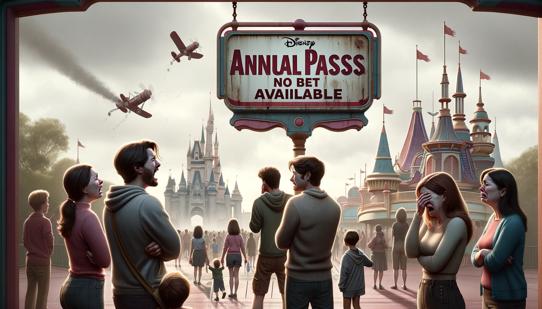 A scene at a Disney theme park depicting the disappointment due to the discontinuation of annual passes. The image shows a diverse group of visitors, including a couple and two children, visibly upset as they read a large announcement board stating 'Annual Passes No Longer Available'. The background features iconic Disney park attractions looking deserted and neglected, enhancing the mood of disappointment. The sky is grey, adding to the somber atmosphere. Focus on the emotional expressions of the visitors.