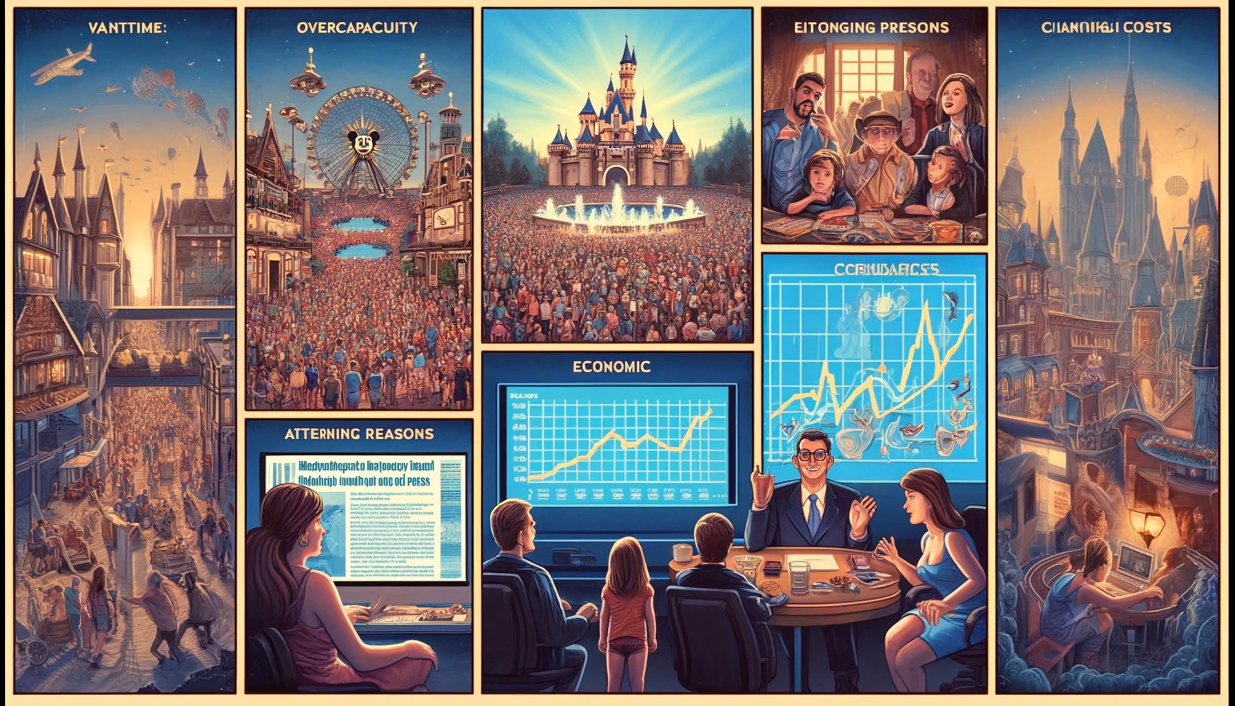 An illustrative scene showing various reasons for the discontinuation of Disney annual passes. The image is divided into three panels. The first panel depicts a crowded Disney park with visitors looking uncomfortable and overwhelmed, representing overcapacity issues. The second panel shows Disney executives in a boardroom with financial charts displaying rising costs, symbolizing economic reasons. The third panel features a family at home looking at alternative vacation options on a computer, indicating changing consumer preferences. Each panel is detailed and visually distinct, conveying the complex factors involved.