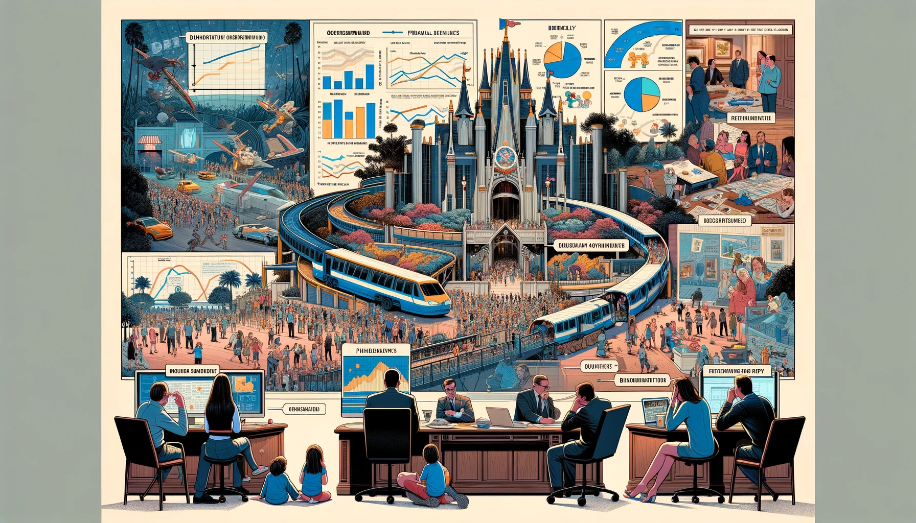 A complex visual collage representing the various reasons for the discontinuation of Disney annual passes. The image includes a series of interconnected vignettes: a crowded Disney park entrance showcasing overcrowding, a boardroom with Disney executives discussing financial difficulties with graphs and charts, and a family at home disappointedly reading the news of the discontinuation online. Each section should be detailed and clearly depict the challenges faced by the theme park.