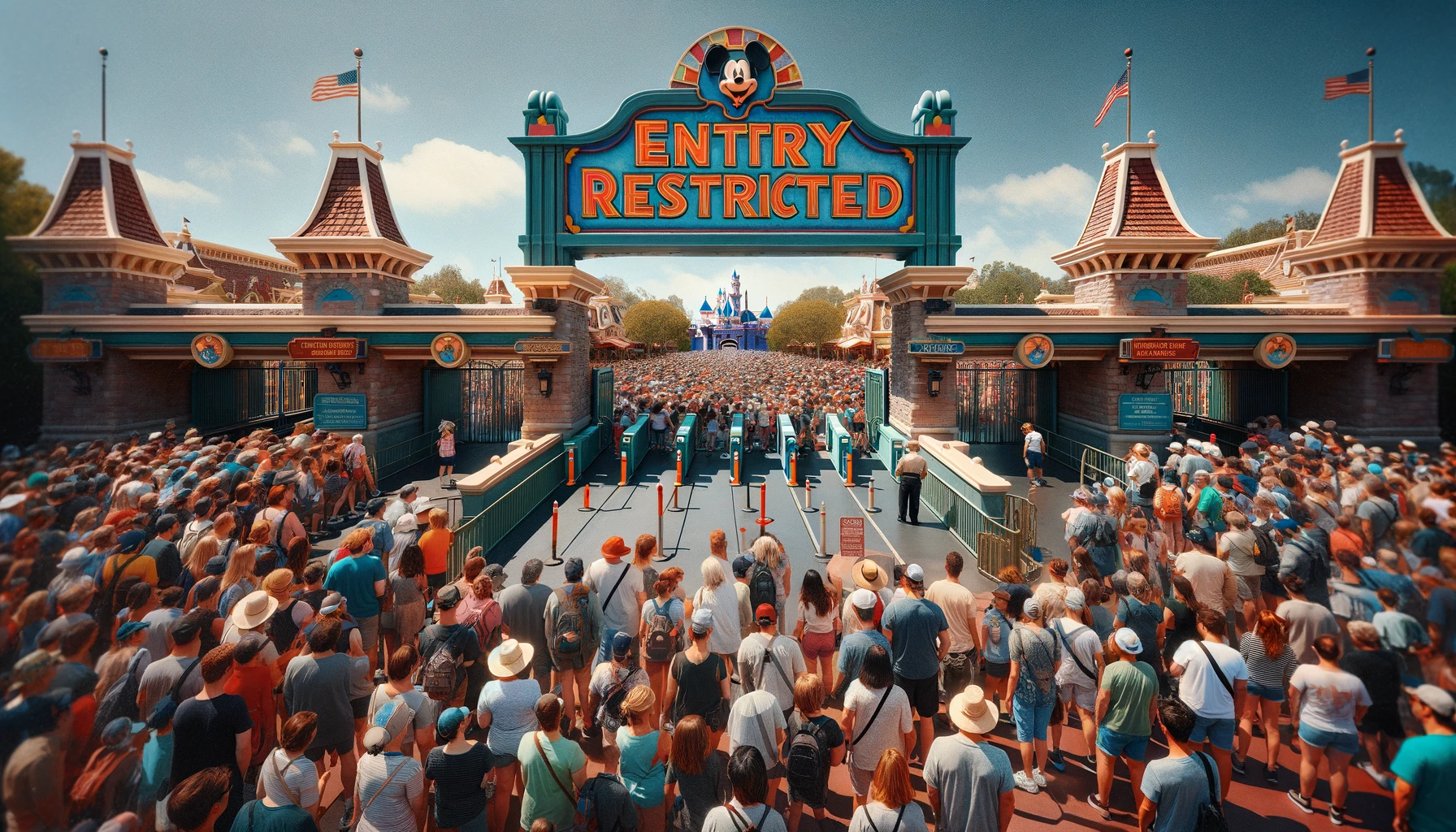 An evocative scene at a Disney theme park depicting entrance limitations. The image shows a long line of visitors, diverse in age and ethnicity, waiting under a large, colorful 'Entry Restricted' sign. The park gates are partially closed, with park employees managing the crowd. In the background, some attractions are visible but less crowded than usual. The atmosphere is one of orderly waiting and mild frustration, under a clear blue sky, highlighting the impact of the entrance restrictions.