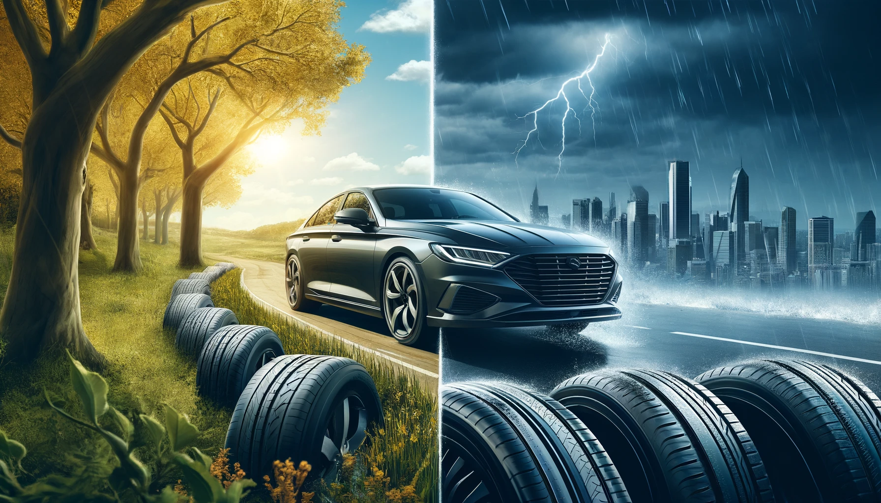 A dynamic image showcasing Pirelli all-season tires. The scene features a stylish sedan equipped with Pirelli all-season tires, driving through a landscape that transitions from a sunny countryside road on one side to a rainy urban street on the other. This represents the versatility of the tires under different weather conditions. The car is sleek, highlighting the tires' ability to perform in both dry and wet environments effectively. Trees in full bloom and city skyscrapers in the backdrop symbolize the transition between seasons. The image is in a 16:9 aspect ratio.
