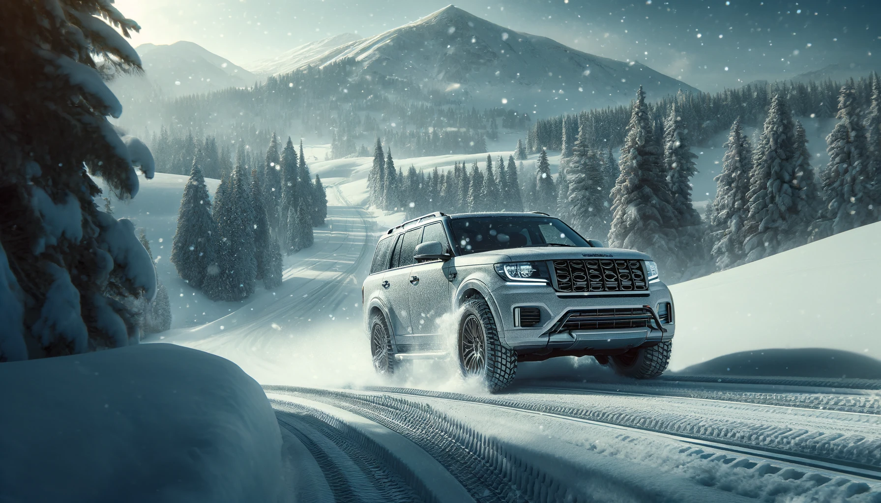 An evocative image depicting a vehicle equipped with Pirelli studded winter tires, traversing a snowy landscape. The scene captures a robust SUV, showcasing the strength and reliability of the tires as it confidently navigates a snow-covered mountain road. Snowflakes gently fall around the vehicle, emphasizing the harsh winter conditions and the tire's effectiveness in such environments. The snowy mountains and pine trees in the background create a picturesque winter setting, illustrating the ideal use case for these tires. The image is in a 16:9 aspect ratio.