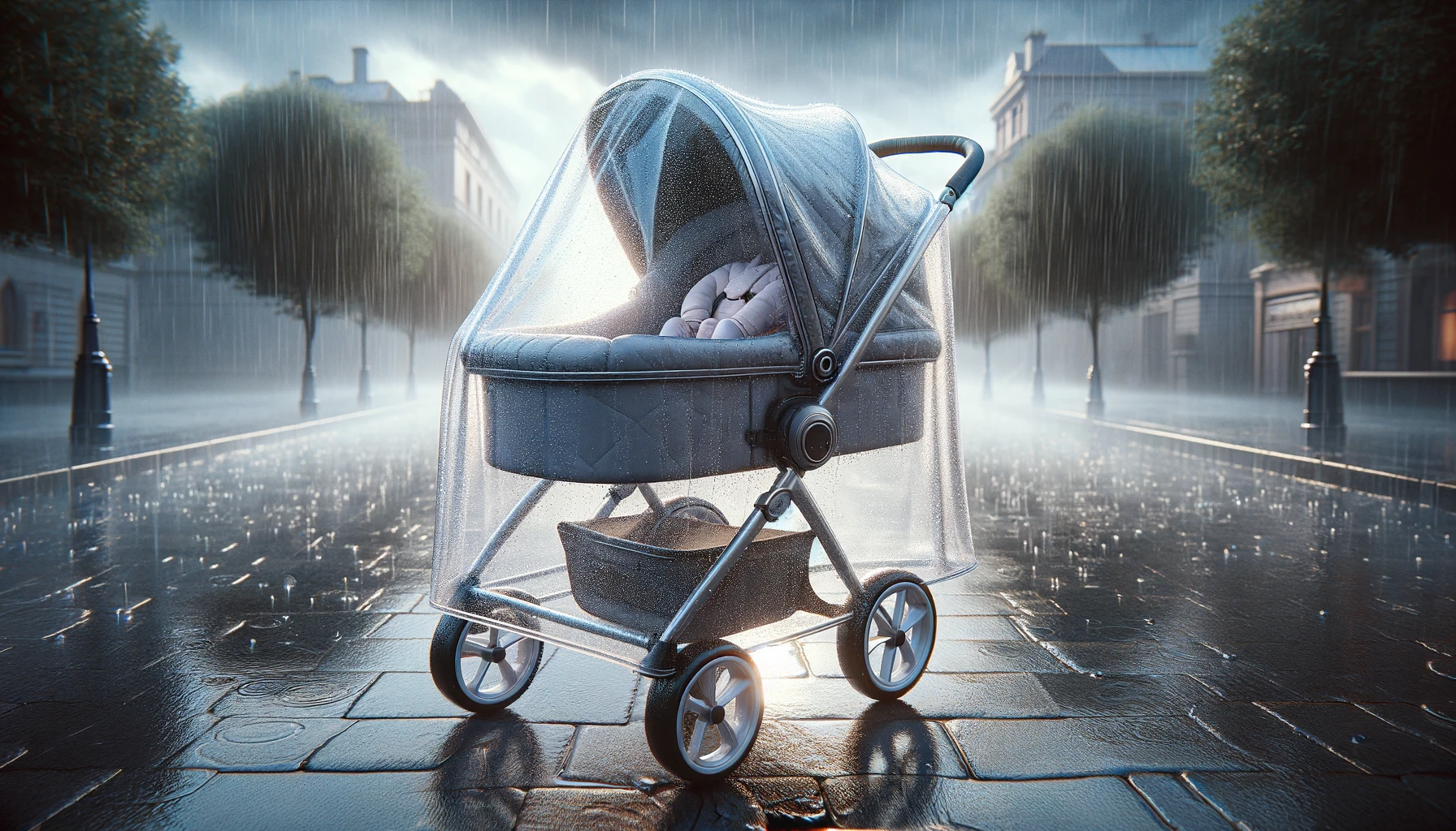 An image depicting a stroller with a rain cover protecting it from the rain. The scene is set outdoors, possibly in a park or on a city sidewalk, under a cloudy, rainy sky. The rain cover is made of clear, waterproof material, allowing a view of the stroller inside. The stroller appears cozy and dry, with the rain droplets visibly beading up and rolling off the cover. The background might show a wet environment, with rain puddles on the ground and trees or buildings slightly blurred by the rainfall. The overall atmosphere conveys a sense of protection and care, highlighting the rain cover's effectiveness in keeping the baby dry and comfortable.