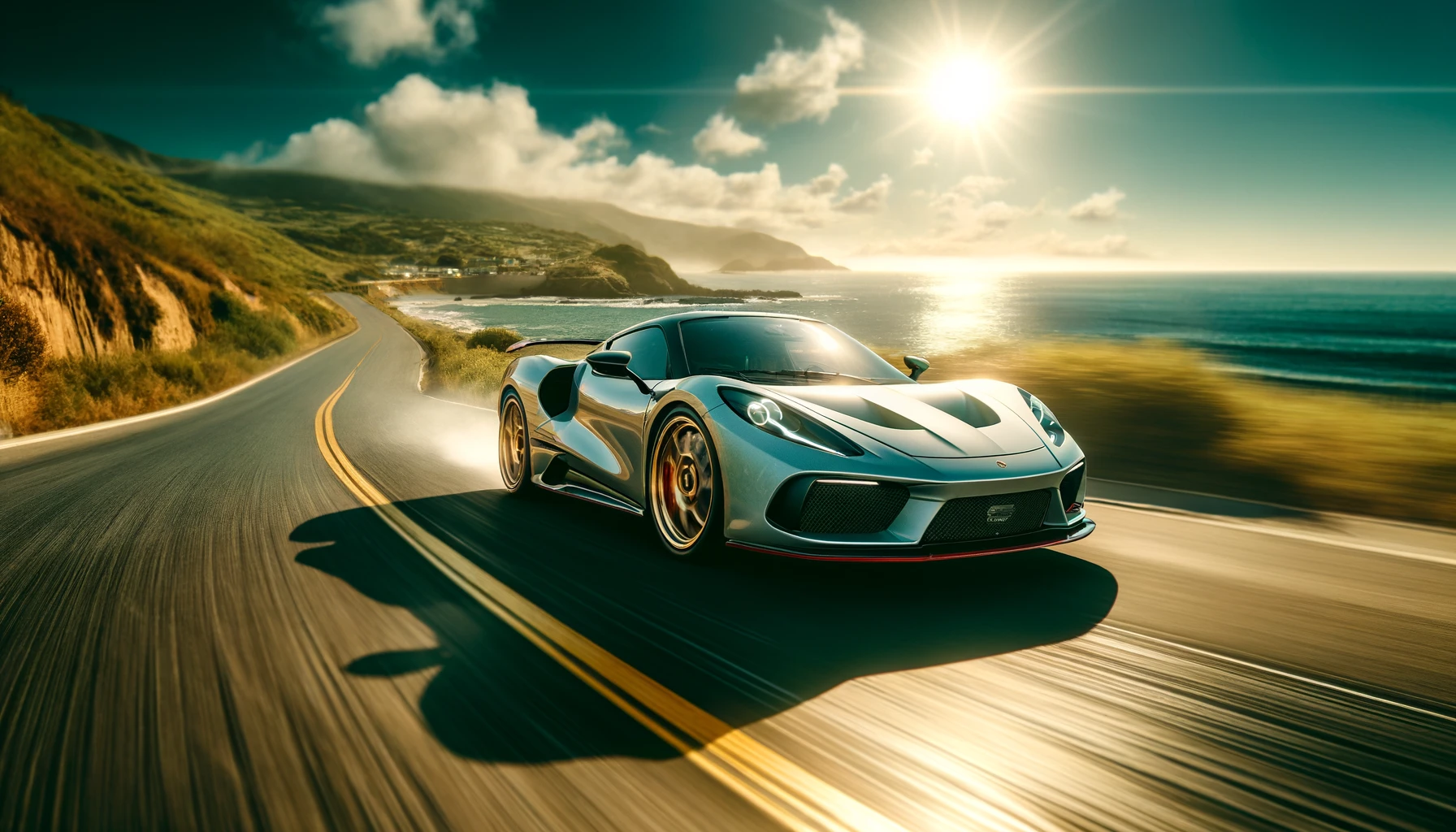 A vibrant and dynamic image showcasing Pirelli summer tires. The scene captures a high-performance sports car equipped with Pirelli summer tires, speeding along a coastal road with the ocean in the background. The car is elegantly designed, emphasizing the sleek, low-profile tires which enhance the vehicle's performance and aesthetics. The sunny and clear weather accentuates the summer setting, highlighting the optimal conditions for these tires. The road is slightly wet, showing the tires' excellent traction and handling capabilities. The image is in a 16:9 aspect ratio.