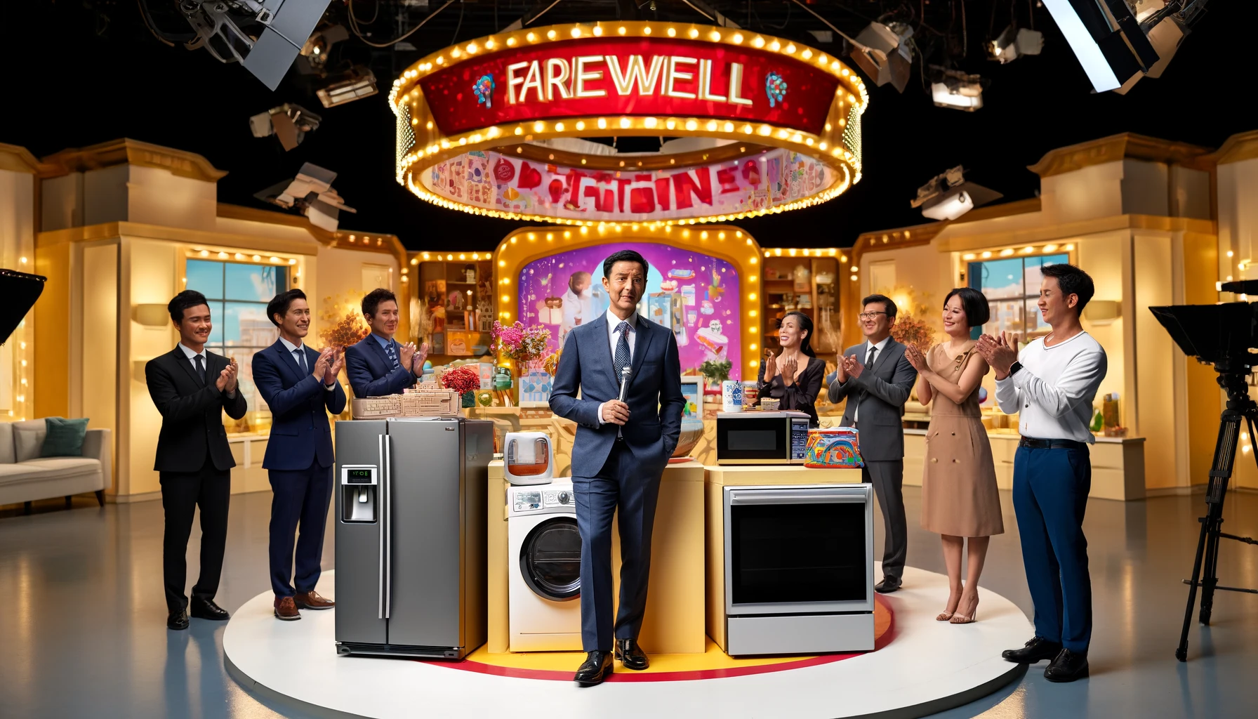 A lively television studio scene capturing the emotional moment of a popular TV shopping host's retirement, featuring various home appliances. The studio is decorated vibrantly with a large farewell banner. The host, a middle-aged Asian man with short black hair, wears a smart suit and holds a microphone, surrounded by colleagues and a small audience clapping. Displayed around him are several home appliances like a modern refrigerator, a flat-screen TV, and a microwave. The background features cameras and studio lights, creating a celebratory atmosphere.
