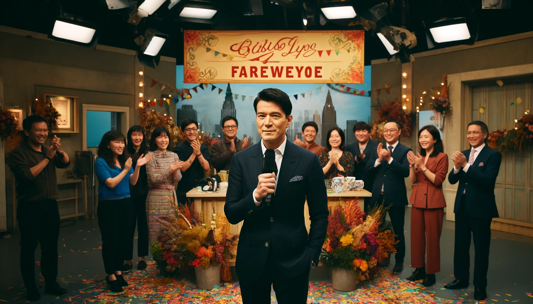 A lively television studio scene capturing the emotional moment of a popular TV shopping host's retirement. The studio is filled with vibrant decorations and a large farewell banner. The host, a middle-aged Asian man with short black hair, wears a smart suit and holds a microphone, surrounded by colleagues and a small audience clapping. The background features cameras and studio lights. The overall mood is bittersweet, with a touch of celebration.