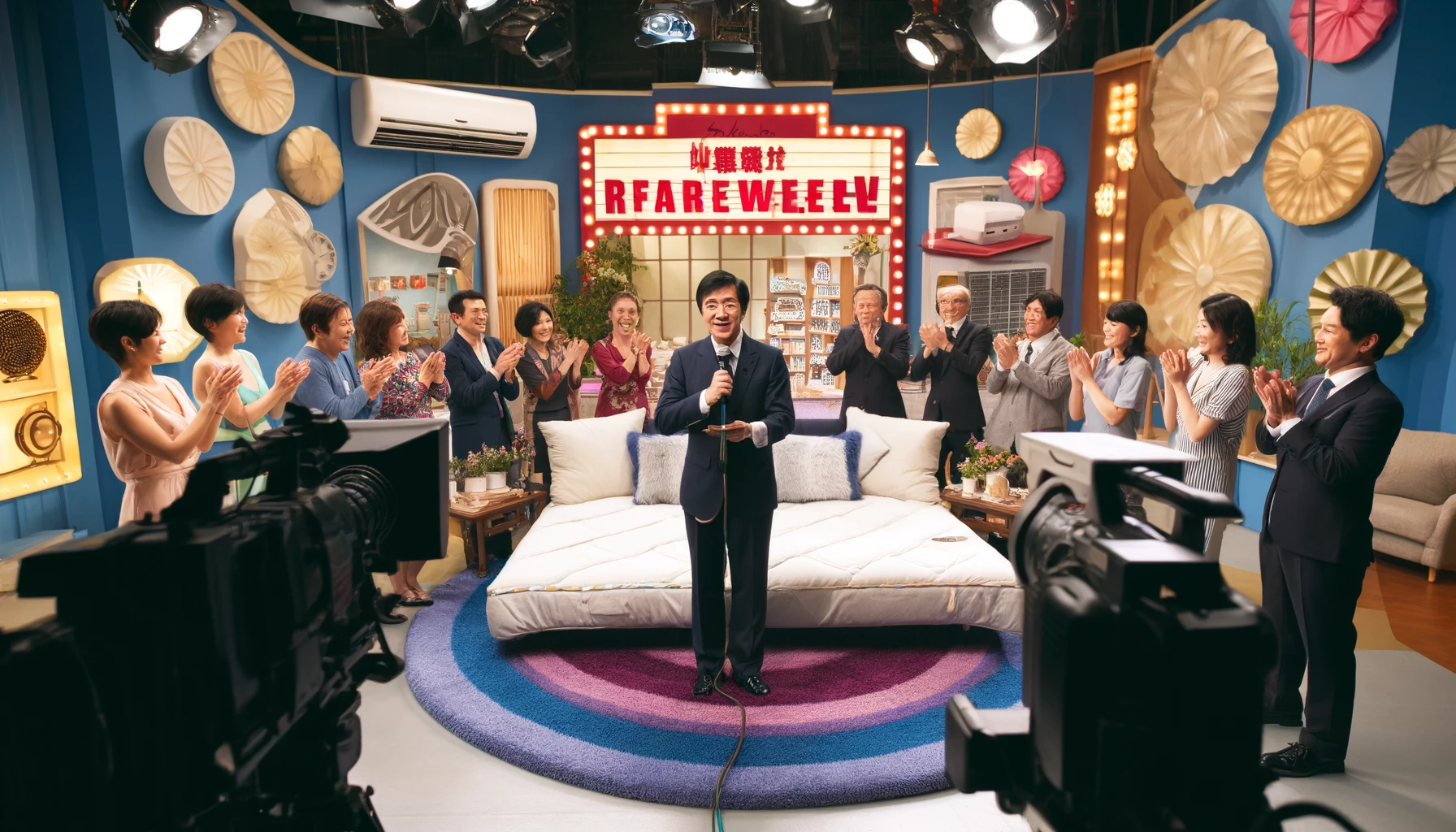 A vivid television studio scene capturing the retirement of a popular TV shopping host, complete with home products. The studio is decorated with colorful farewell banners. The host, a middle-aged Asian man with short black hair, wears a formal suit and holds a microphone, surrounded by applauding colleagues and a small audience. Featured in the scene are an air conditioner mounted on the wall, and a display of fluffy futons. Cameras and studio lights add to the lively ambiance, emphasizing a festive and emotional farewell.