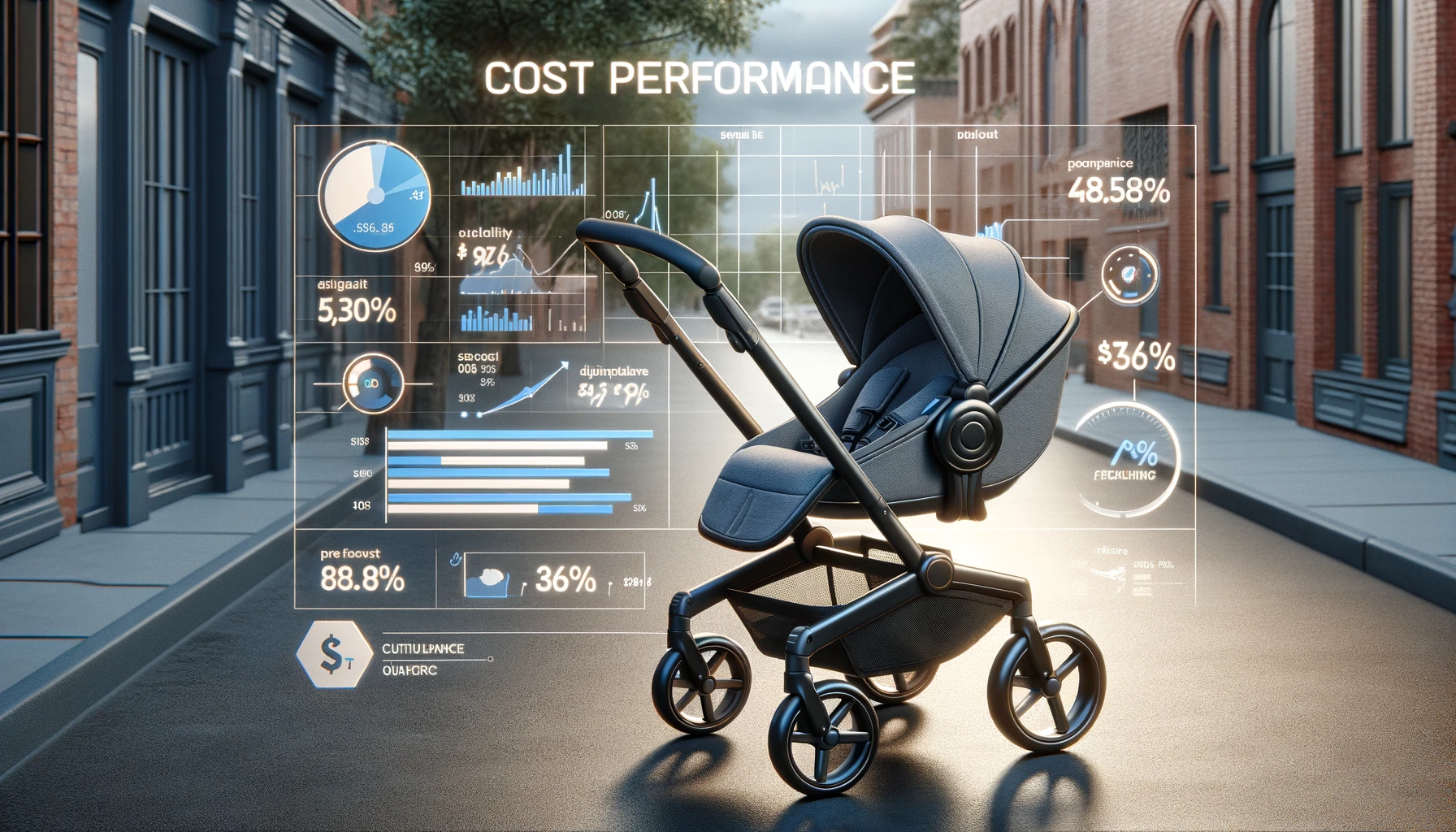 An image depicting a baby stroller that excels in cost performance and functionality. The stroller is designed with modern parents in mind, featuring a sleek, efficient design that doesn't skimp on features. It includes a spacious undercarriage basket, adjustable handles, and a comfortable, secure seating area for the baby. The stroller's materials are durable yet lightweight, making it easy to navigate and transport. The setting showcases the stroller in a real-life scenario, perhaps in a park or city sidewalk, emphasizing its versatility and value for money. The design and colors are stylish yet practical, appealing to budget-conscious families looking for quality and functionality.