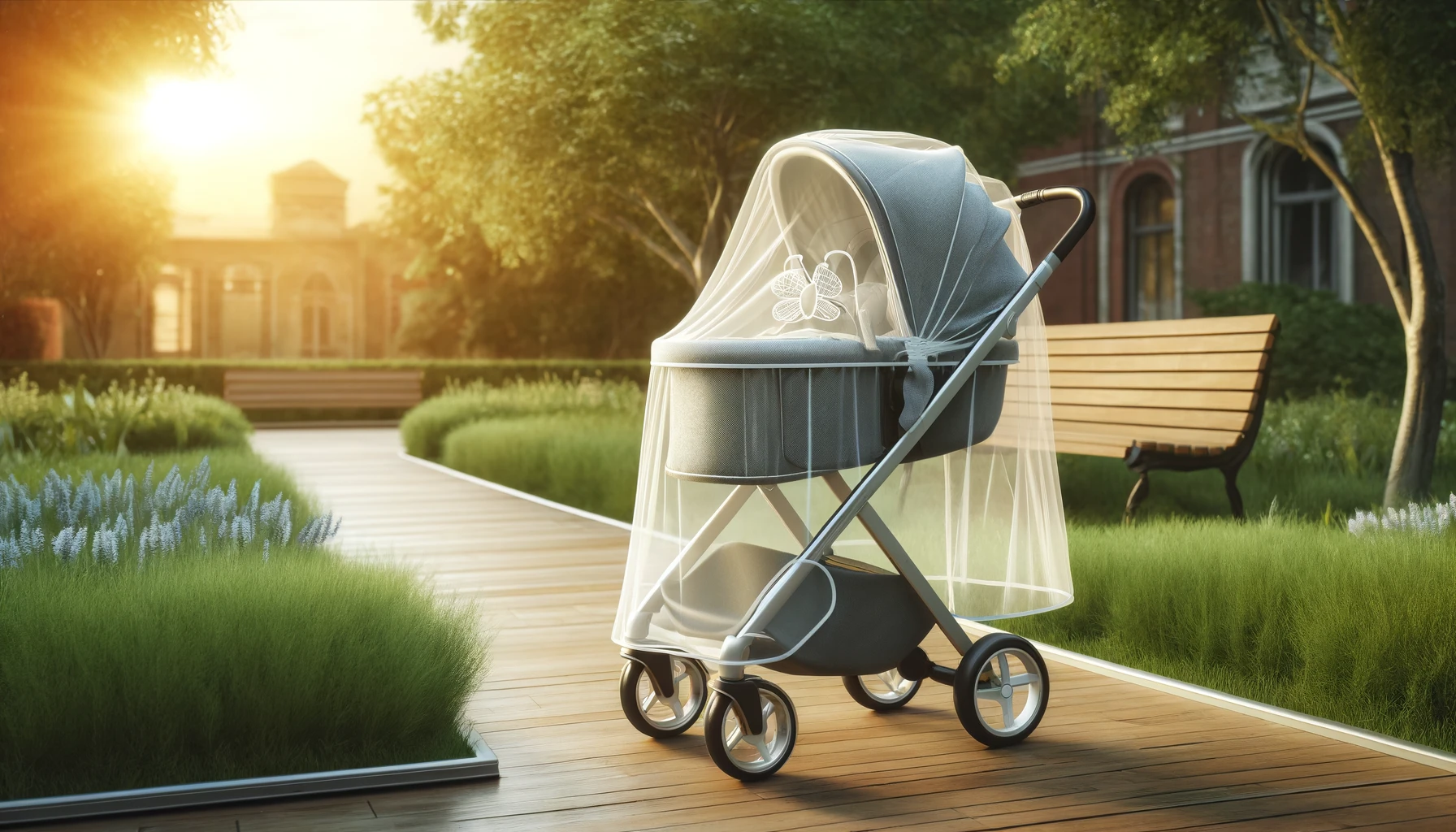 An image showcasing a stroller equipped with a mosquito net cover to protect a baby from insects. The scene features a modern stroller outdoors, possibly in a park or garden, where the risk of insect bites is higher. The mosquito net cover is fine-meshed and envelops the stroller, allowing for visibility and ventilation while effectively keeping mosquitoes and other insects out. The design of the net is practical and fits snugly over the stroller, emphasizing the safety and comfort it provides to the baby inside. The setting emphasizes a peaceful outdoor environment, showcasing the net's utility in allowing families to enjoy their time outside without concern for insect bites.