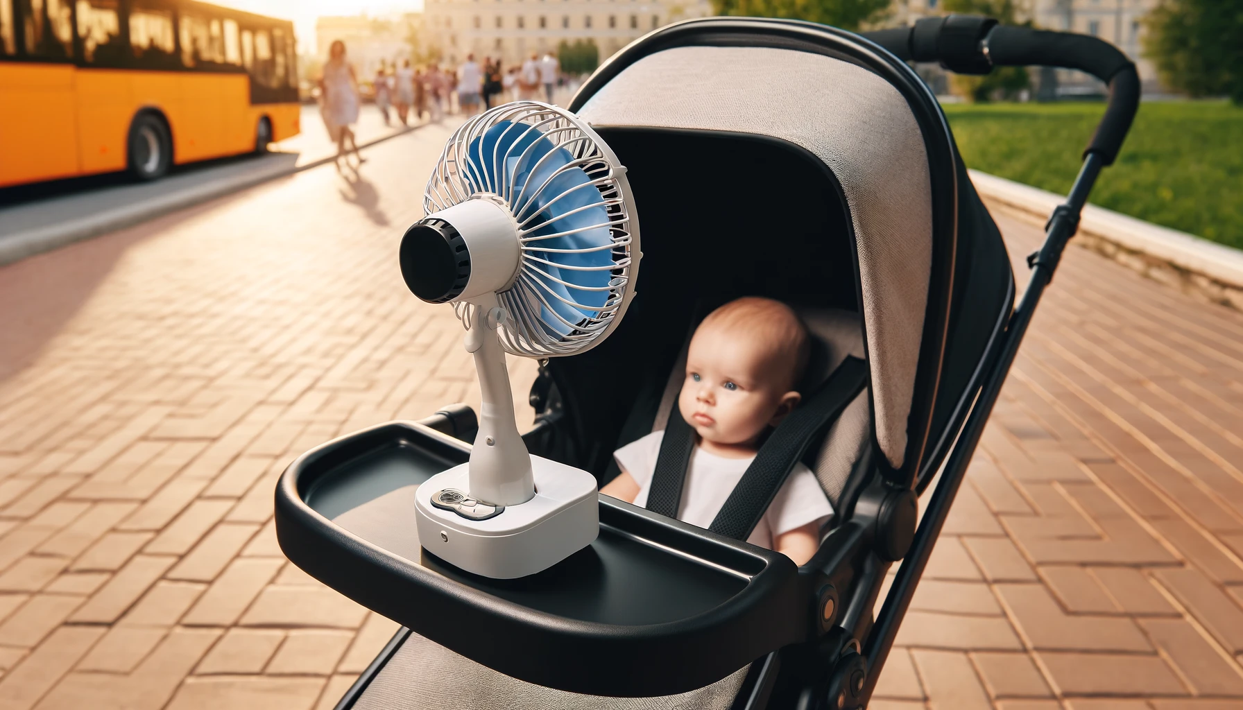 An image showcasing a small fan attached to a stroller, providing a cool breeze for the baby during warm days. The fan is compact and designed specifically for attachment to a stroller, featuring a safe, child-friendly construction. It's positioned in such a way that air circulates comfortably around the stroller's seating area, offering relief from the heat without being directly in the baby's face. The scene is set outdoors, possibly in a park or a pedestrian area, highlighting the fan's utility in real-life scenarios. The overall look of the setup is modern and practical, emphasizing convenience and comfort for both the baby and the caregiver.