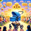 An image showcasing reviews and feedback for a stroller from Nishimatsuya, depicted as though customers are sharing their experiences. The scene includes visual representations of positive reviews, such as star ratings and happy emojis, surrounding a stroller that resembles those sold by Nishimatsuya. The stroller is featured in a pleasant outdoor setting, like a park, where families might use it, adding to the authenticity of the reviews. The atmosphere is cheerful, with fictional quotes from satisfied parents displayed in speech bubbles, highlighting the stroller's convenience, durability, and value for money. The overall composition is vibrant and engaging, designed to convey customer satisfaction and the high quality of Nishimatsuya's baby strollers.