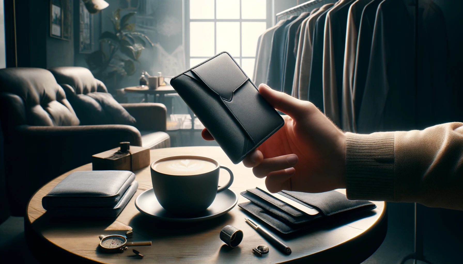 Create an image that captures the essence of a slim wallet designed to seamlessly integrate into daily life, highlighting its practical and stylish design. The wallet is depicted in various everyday scenarios, such as being placed on a cafe table next to a cup of coffee, tucked into the pocket of a casual jacket hanging on a chair, or being held in hand while shopping. Its design is modern and minimalist, appealing to a broad audience with its sleek lines and subtle elegance. The material of the wallet looks durable and sophisticated, suggesting that it is not only functional but also a fashionable accessory. The background scenes are relatable and cozy, emphasizing the wallet's adaptability to different lifestyles and its role in the simplification of daily routines. This 16:9 image aims to convey the idea that this slim wallet is not just a practical item for carrying essentials but also a stylish complement to any outfit, perfect for the modern individual on the go.