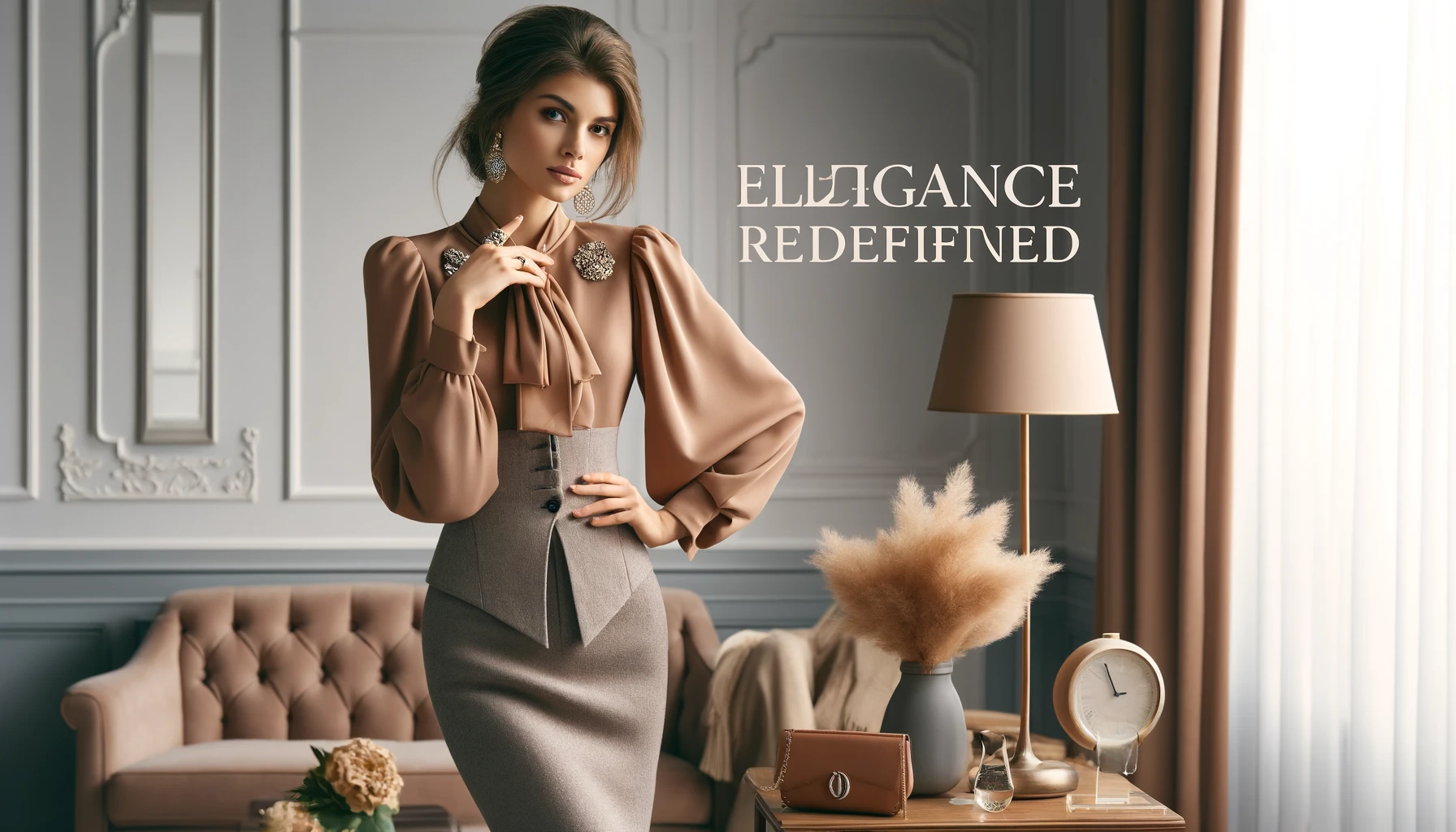 Create an image that visualizes a rebuttal to the criticism of being 'cheap' for the fashionable women's apparel brand 'Apres Jour.' Feature stylish, high-quality clothing on a confident woman posing in an elegant setting. The woman is wearing a sophisticated dress from 'Apres Jour,' adorned with tasteful accessories. She stands with poise and self-assuredness, embodying the brand's ethos of affordable elegance. The setting includes chic decor, with a soft color palette that complements the clothing. Add a subtle text on the image that says 'Elegance Redefined' to underline the brand's commitment to style and quality.