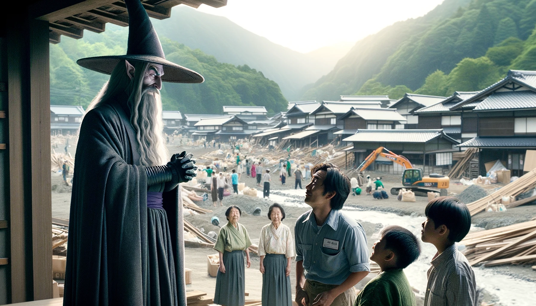 An image depicting the villain from a fantasy film about a young wizard engaging in supportive actions after the Great East Japan Earthquake. The villain, usually seen in a sinister light, is portrayed in a positive, humanitarian role. In the scene, the character is helping to rebuild a traditional Japanese village, wearing simple work clothes and interacting warmly with local residents, including children and elderly people. The background shows the lush, scenic landscape of rural Japan with construction materials and workers actively rebuilding homes and community centers.