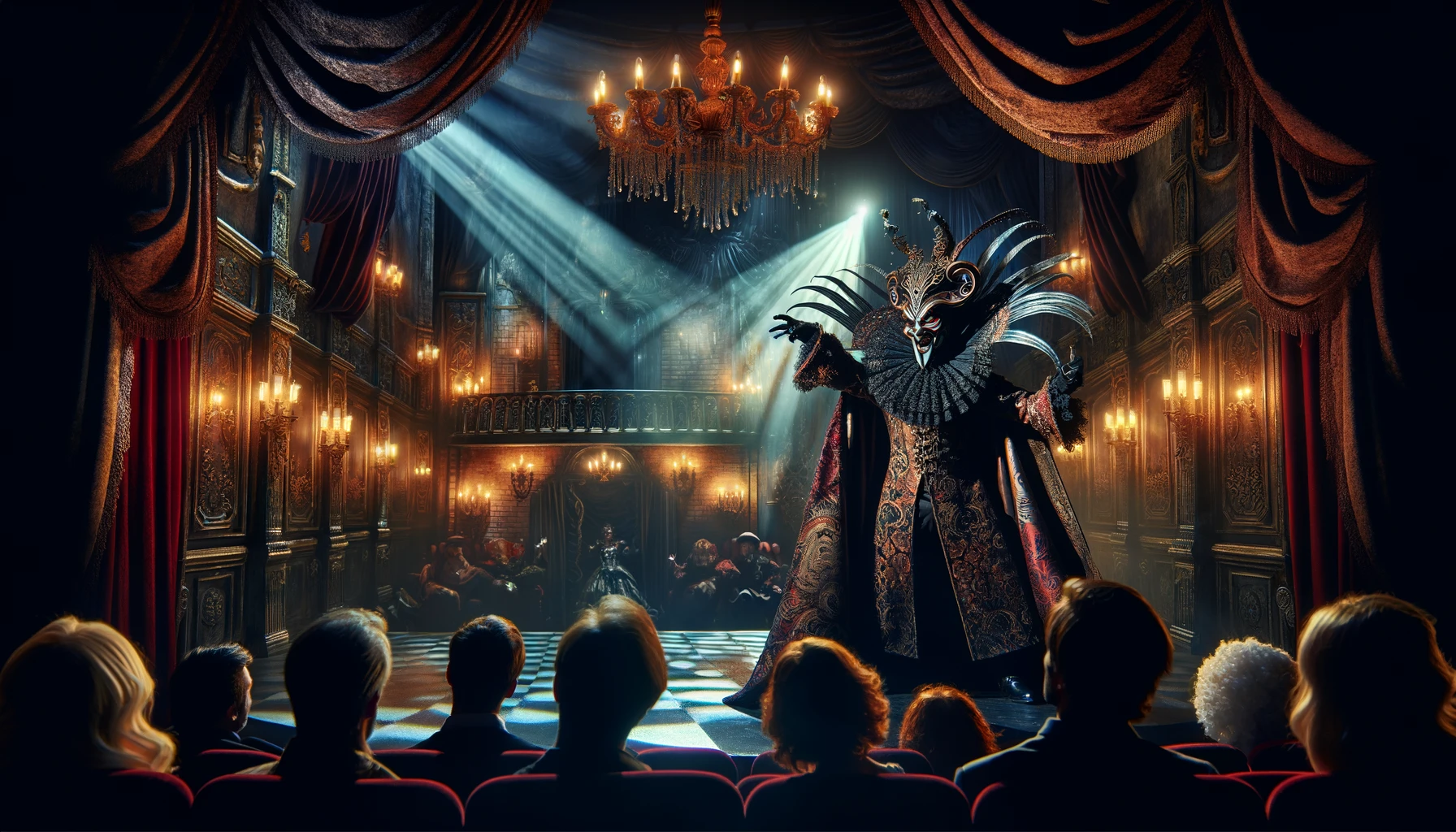 An image capturing the allure of villains in entertainment. The scene is a dramatic, theatrical setting with a charismatic villain at the center, dressed in an elaborate costume with dark, rich colors and intricate patterns. The villain is performing on stage, captivating the audience with a powerful monologue. The background is a lavishly decorated theater, with velvet curtains and vintage decor, illuminated by spotlights that enhance the mysterious and captivating atmosphere. The audience, visible in the foreground, is enthralled and mesmerized by the performance.
