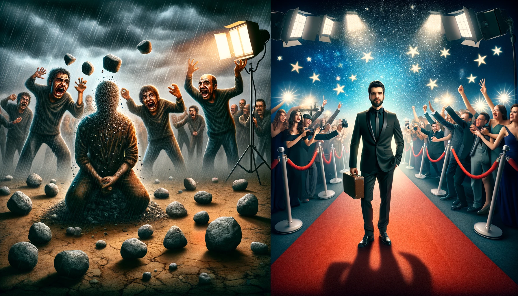 A set of two images illustrating the transformation of an actor from being scorned to celebrated. The first image shows the actor on a somber film set, being metaphorically pelted with stones by an angry crowd, symbolizing harsh criticism and rejection. The background is dark and stormy, enhancing the mood of adversity. The second image shows the same actor on a glamorous red carpet, now a celebrated star, surrounded by adoring fans and flashing camera lights. The background is vibrant and festive, symbolizing success and acceptance.