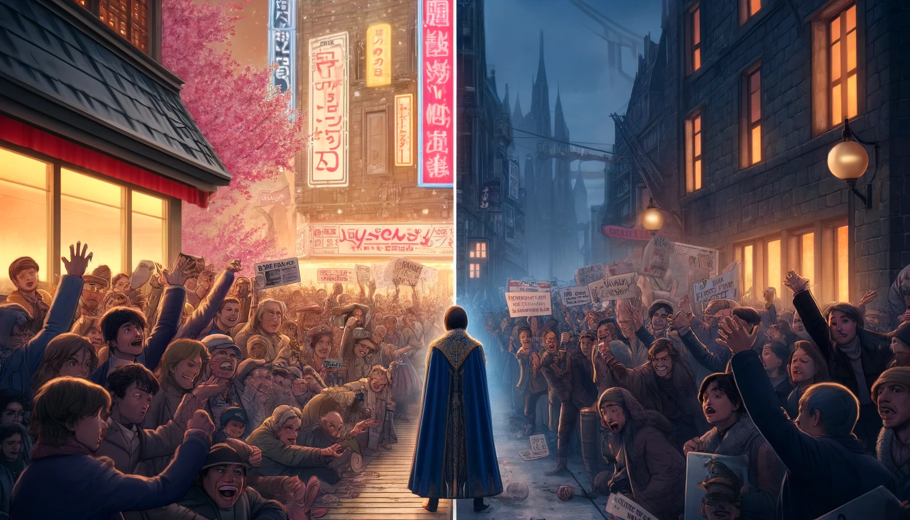 A scene illustrating the contrasting receptions of a fantasy film villain from a story about a young wizard in Japan and overseas. The image is split in half: on the left, the Japanese side shows the villain being celebrated by a crowd, with fans wearing costumes and holding signs in a festive urban setting. On the right, the overseas side shows the villain being scorned by a crowd in a Western city, with protesters holding placards and booing. The settings are distinctly cultural: Japan with neon signs and sakura blossoms, and the West with historic stone buildings and autumn leaves.
