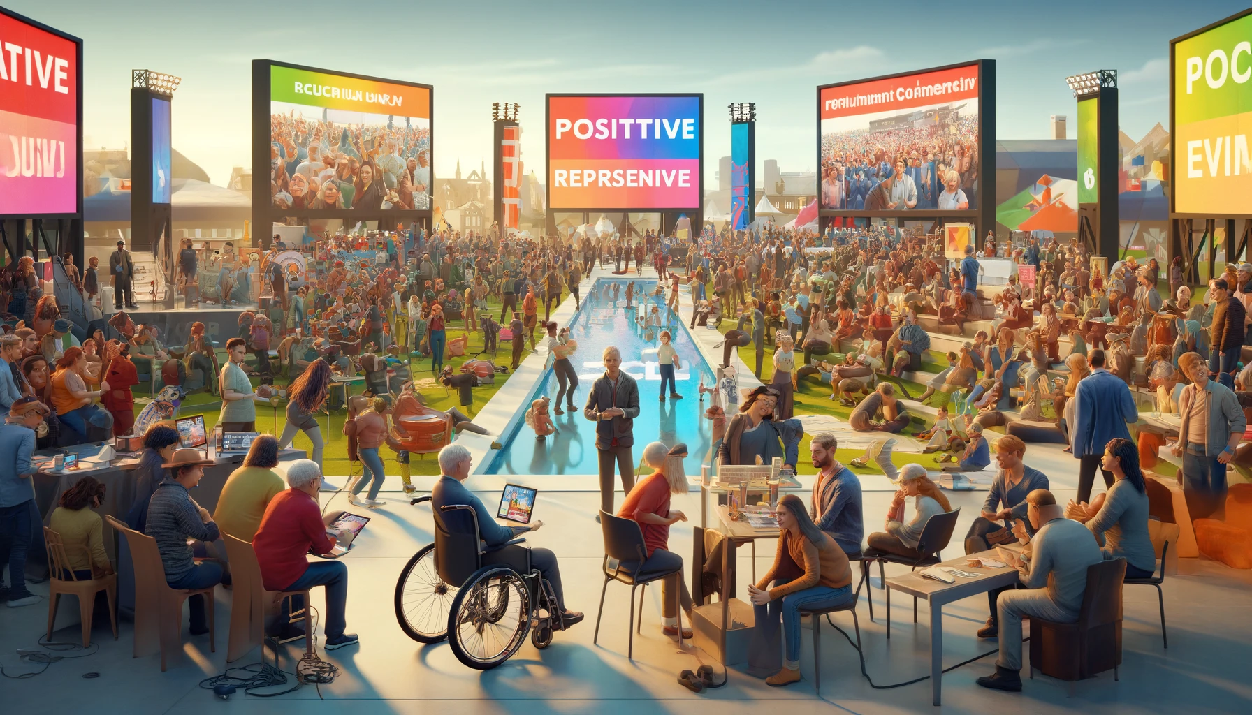 An image depicting positive representation in events and media. The scene is set at a large, inclusive public event, showing a diverse group of people of different ages, races, and abilities enjoying themselves. They are engaged in various activities such as listening to music, dancing, and interacting with technology. The setting includes colorful banners promoting equality and unity. In the background, large screens display positive news stories and images of unity and community support, reflecting a vibrant and inclusive society.