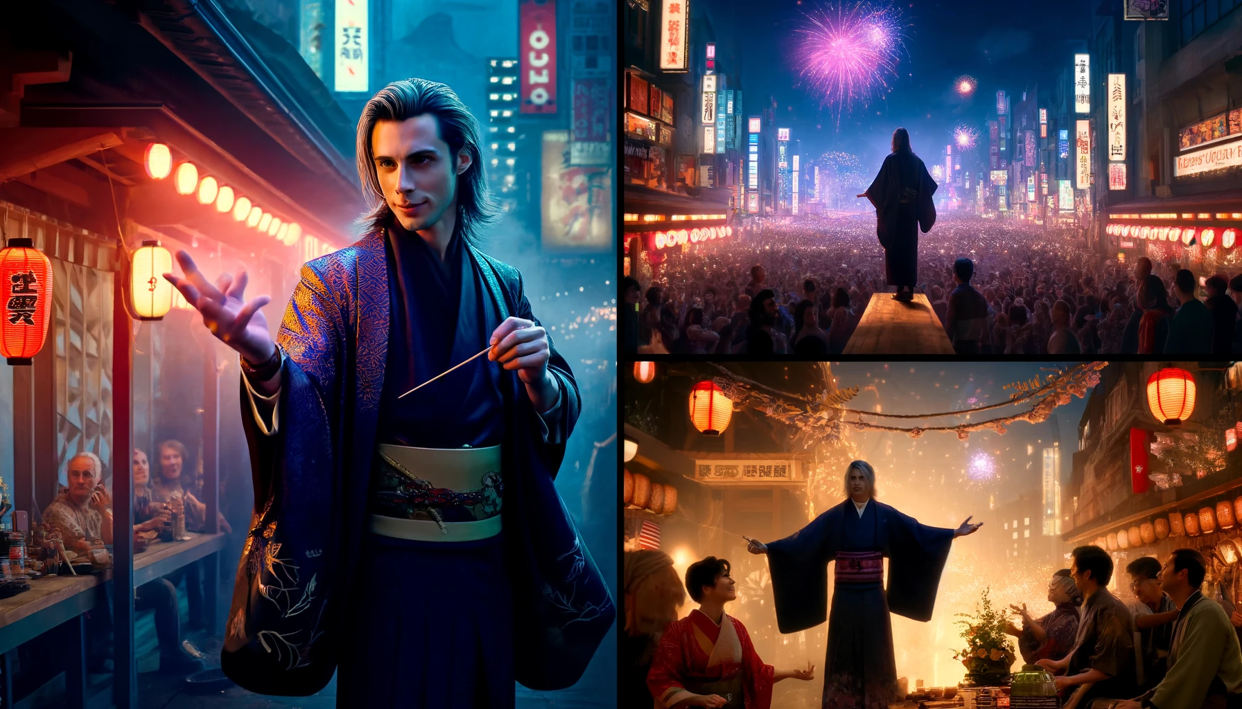 A scene depicting a beloved villain from a fantasy film about a young wizard, set in a Japanese urban landscape. The villain, a charismatic and stylish character, is seen casting a spell amidst the neon lights of Tokyo, with traditional elements like a Shinto shrine in the background. The scene captures a mix of modern and ancient aesthetics, reflecting the villain's unique appeal in Japan. The second image shows the same villain at a bustling festival, wearing a yukata, interacting with enchanted festival goers under a sky filled with fireworks.