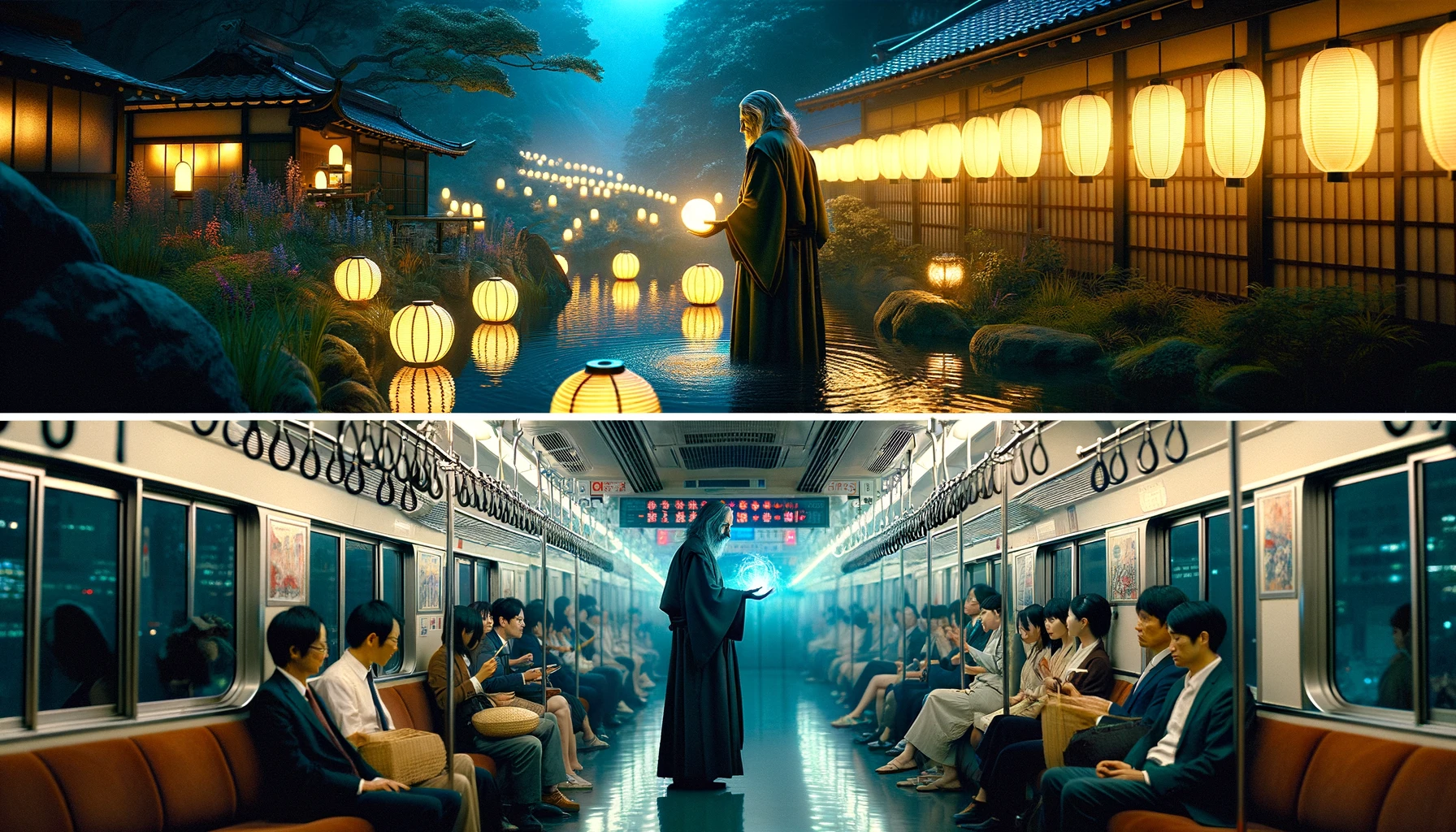 A continuation of the previous scenes featuring the same fantasy film villain in Japan. The first scene shows the villain in a serene Japanese garden at night, surrounded by glowing paper lanterns, casting a mysterious spell over a tranquil pond. This contrasts with the vibrant city scenes. The second image captures the villain on a crowded subway train, using subtle magic to influence the thoughts of unsuspecting passengers, with elements of traditional Japanese decor subtly integrated into the train's design.