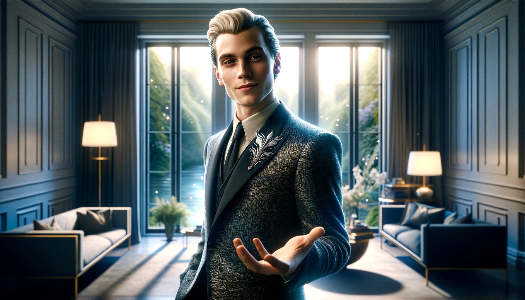 An image depicting a character inspired by the sound of the name 'Malfoy', eliciting a sense of familiarity and affinity. The character, a charismatic young man with sleek blond hair and sharp features, is shown in a welcoming and noble pose. He is dressed in a stylish, modern suit with subtle magical elements, like shimmering fabric or a hint of an enchanted accessory. The setting is an elegant, contemporary room that reflects his refined taste, with luxurious furnishings and large windows showing a serene garden outside.