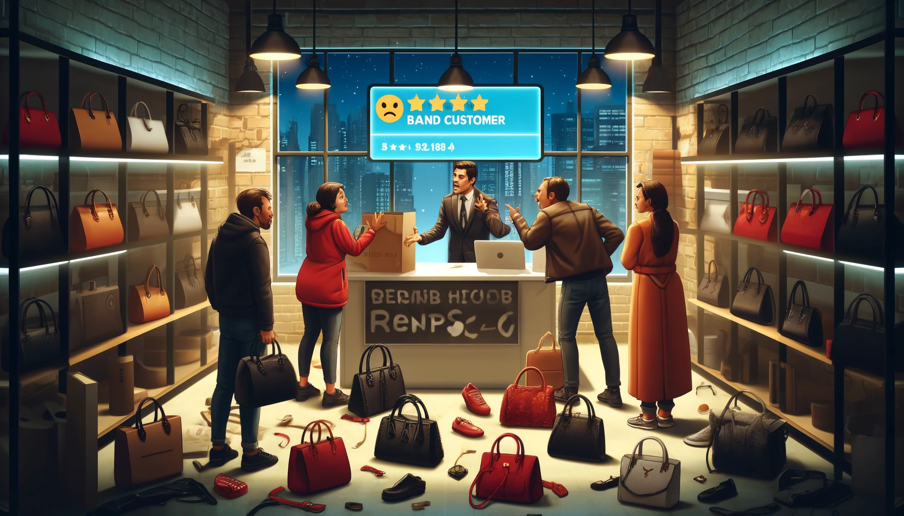 A scene depicting poor customer experiences at a brand handbag rental service. The boutique is disorganized, with bags scattered and shelves messy. Frustrated customers, representing various ethnicities, are arguing with a store clerk who appears overwhelmed. The digital display in the store shows negative customer reviews and low star ratings. The lighting is dim, creating a less inviting atmosphere. Outside, a rainy city scene contributes to the gloomy mood of the setting.