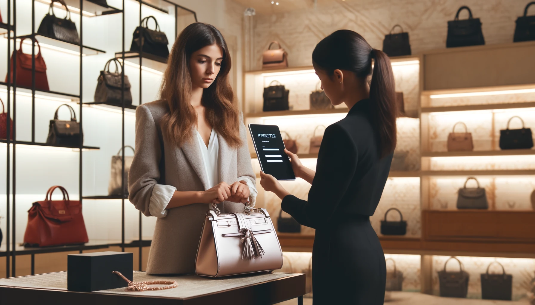 A disappointed customer at a brand handbag rental service boutique after failing the screening process. The scene shows a young woman standing in a stylish store, looking dejected as she reads a rejection notice on a digital tablet held by a sympathetic store clerk. The background features a variety of luxury handbags displayed on elegant shelves, highlighting the exclusivity of the service. The store's modern decor and soft lighting contrast with the customer's frustration and disappointment.