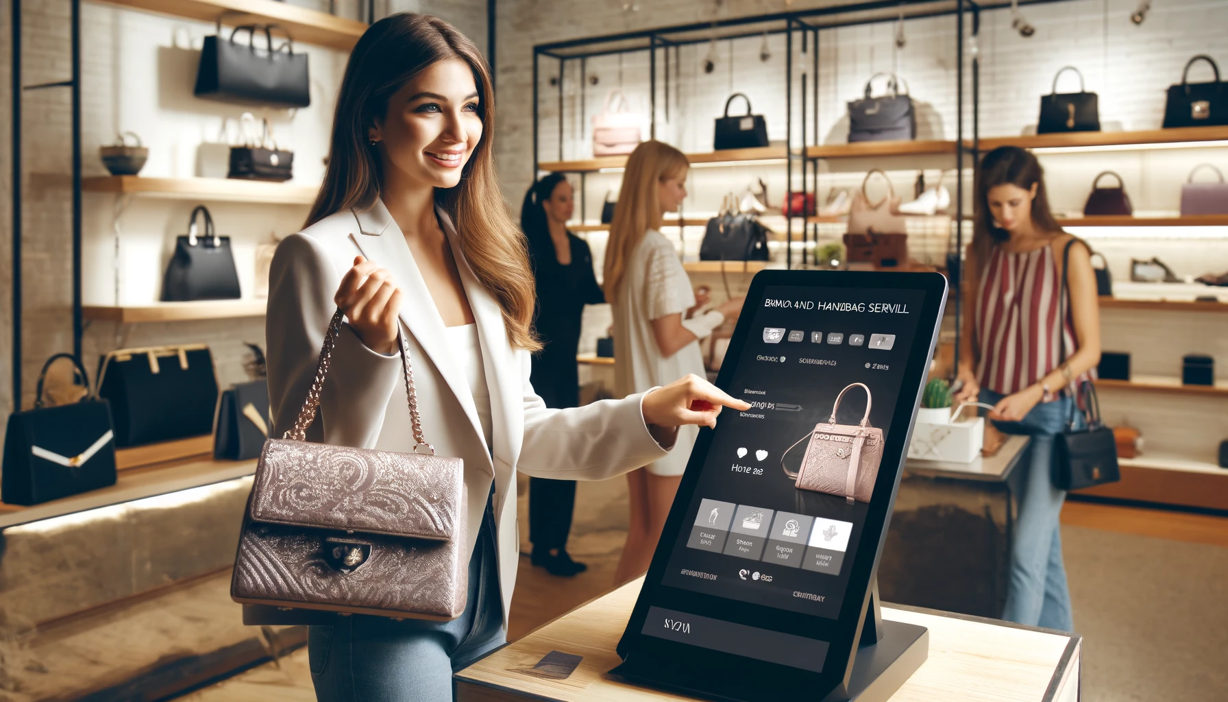 A savvy customer successfully using a brand handbag rental service. The scene shows a well-dressed young woman in a chic boutique, comparing handbag options on a digital kiosk that displays various subscription plans and customer reviews. She's holding a stylish bag and appears pleased with her choice. The boutique is modern and elegant, with an array of luxury handbags artistically displayed. Other satisfied customers can be seen in the background, enhancing the positive atmosphere of the store.