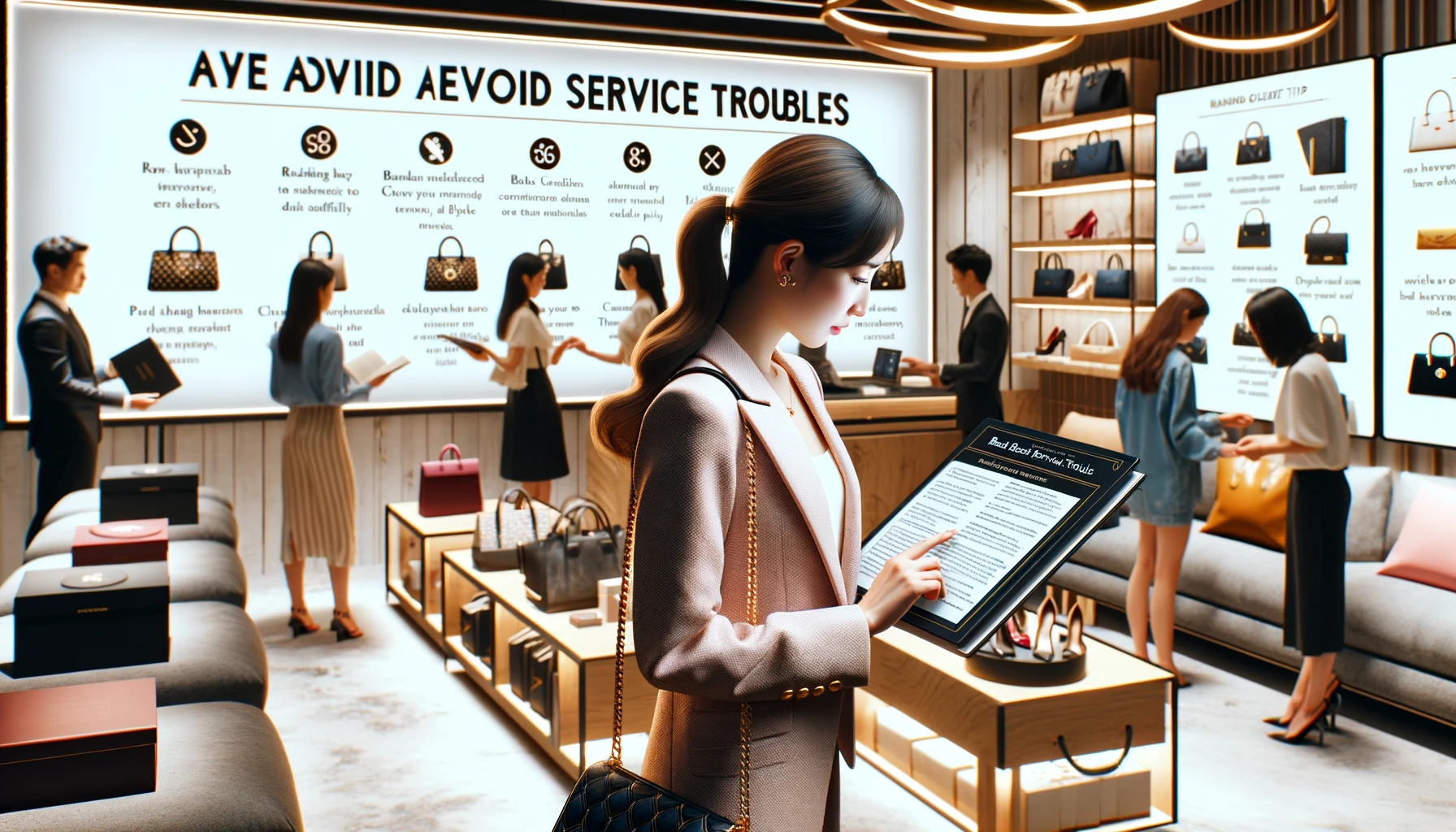 An informative scene inside a brand handbag rental service boutique that highlights tips to avoid service troubles. The boutique is bustling with customers, but one smartly dressed woman stands out as she consults a detailed guidebook on best practices for renting handbags. The guidebook includes tips like reading terms carefully, checking bag conditions, and confirming return policies. Around her, other customers interact with staff and digital displays that provide additional service details, in a well-lit, stylish store setting.