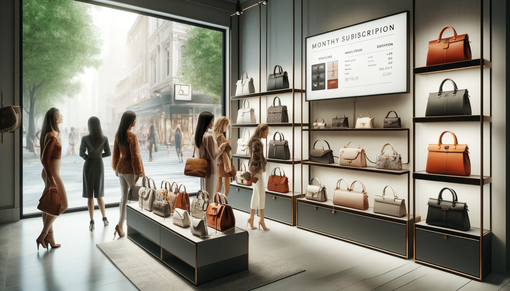 A modern city boutique showcasing a monthly subscription service for brand-name handbag rentals. The scene includes diverse stylish women browsing an array of luxury handbags displayed elegantly on sleek shelves. The interior is chic and minimalist, with soft lighting highlighting the premium leather goods. The store has a digital display showing subscription options and prices. Outside, a bustling city street adds a vibrant backdrop.