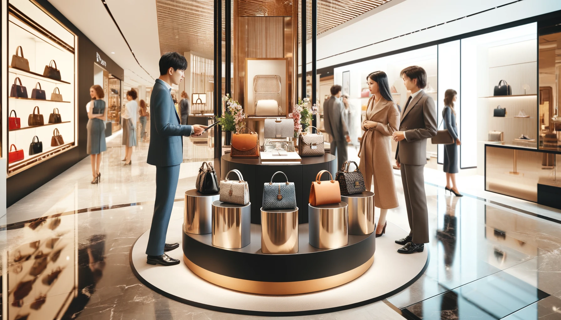 An elegant and sophisticated presentation of a subscription-based luxury handbag rental service in a high-end shopping mall. The setting features a posh, well-lit store with contemporary decor. A variety of premium designer bags are neatly arranged on glossy, modern fixtures. Fashion-conscious customers of different ethnicities examine the bags, while a friendly staff member explains the subscription details. The mall ambiance includes other luxury stores in the background, enhancing the upscale shopping experience.