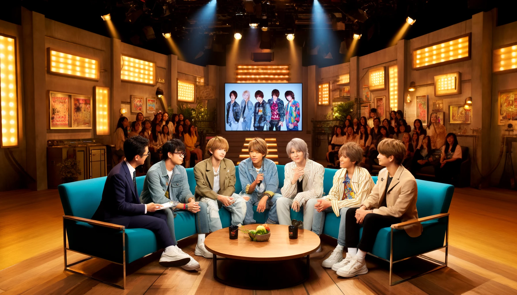 A scene depicting a popular Japanese male idol group appearing on a television show. The setting is a modern TV studio with stylish, colorful decor. The group consists of four young men, each wearing trendy, casual outfits, sitting on a couch and engaging enthusiastically with the show's host at a nearby desk. Behind them, a large screen displays the group's name and clips from their music videos. The atmosphere is lively and friendly, with studio lights highlighting the vibrant setting.