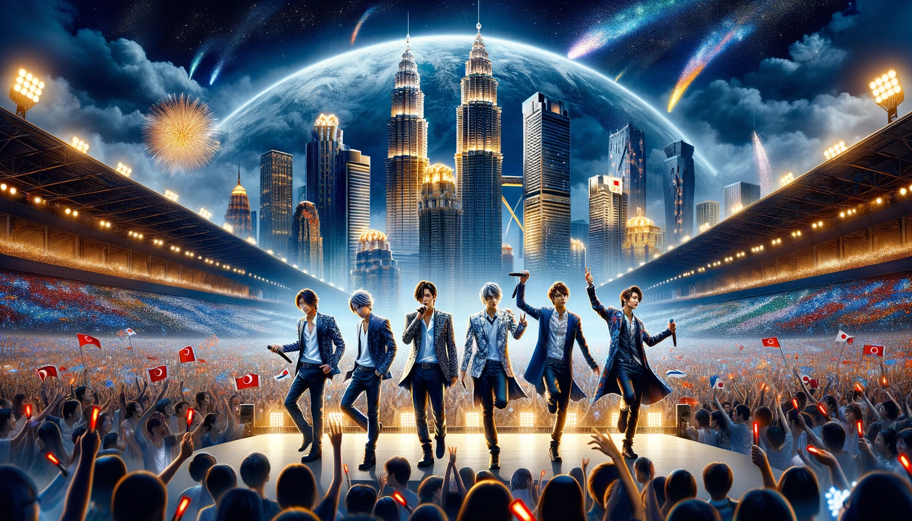 An image of a Japanese male idol group embarking on an Asia tour, depicted at a large outdoor concert venue in Asia. The scene shows the group, consisting of five stylishly dressed young men, performing energetically under a spectacular night sky. The backdrop features iconic Asian city skylines with famous landmarks lit up. The audience, a diverse group of Asian fans, is enthusiastic, waving flags and light sticks. The atmosphere is electric, emphasizing the group's international appeal and the excitement of the tour.